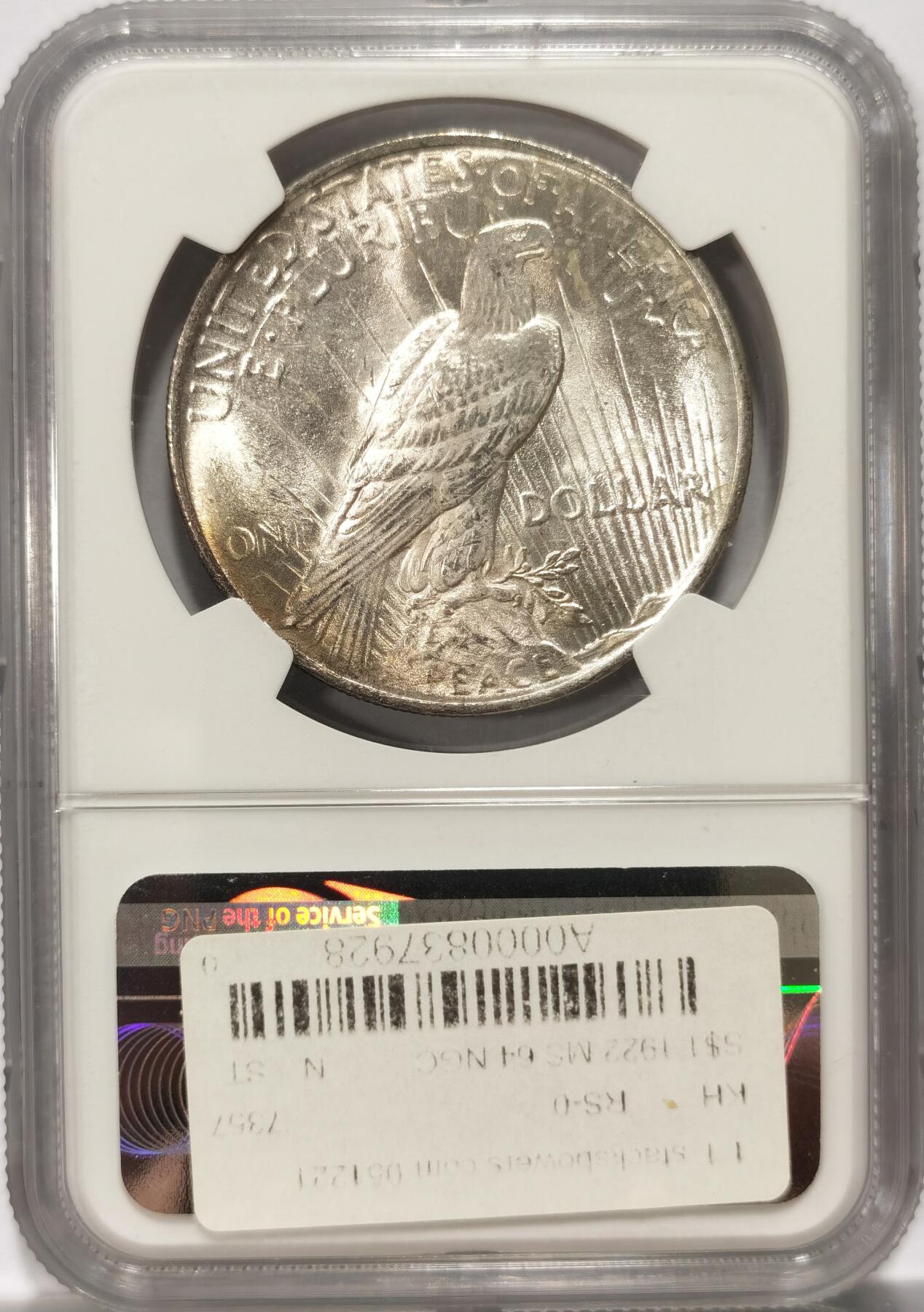 博洋堂世界钱币拍卖第094期（全场包邮） 1922年美国和平银元P版NGC-MS64，原汁原味老包浆，包浆醇厚，币面清爽干净又漂亮，状态一流