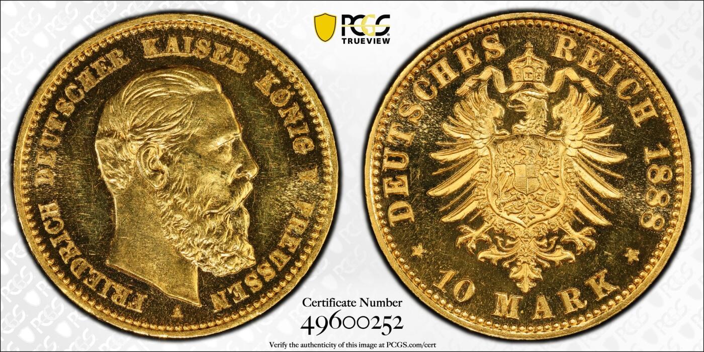 万国钱币拍卖第035期（金银流霞●万国秋季大拍） PCGS PR63 1888年德国普鲁士三皇之年腓特烈三世10马克金币 非常罕见的精制短翅金币，与普制完全不同的状态，镜面感极强，PCGS冠军分&封面广告币，3.98g 900金。