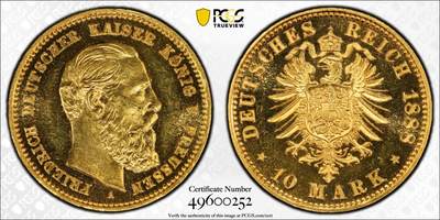 万国钱币拍卖第035期（金银流霞●万国秋季大拍） - PCGS PR63 1888年德国普鲁士三皇之年腓特烈三世10马克金币 非常罕见的精制短翅金币，与普制完全不同的状态，镜面感极强，PCGS冠军分&封面广告币，3.98g 900金。