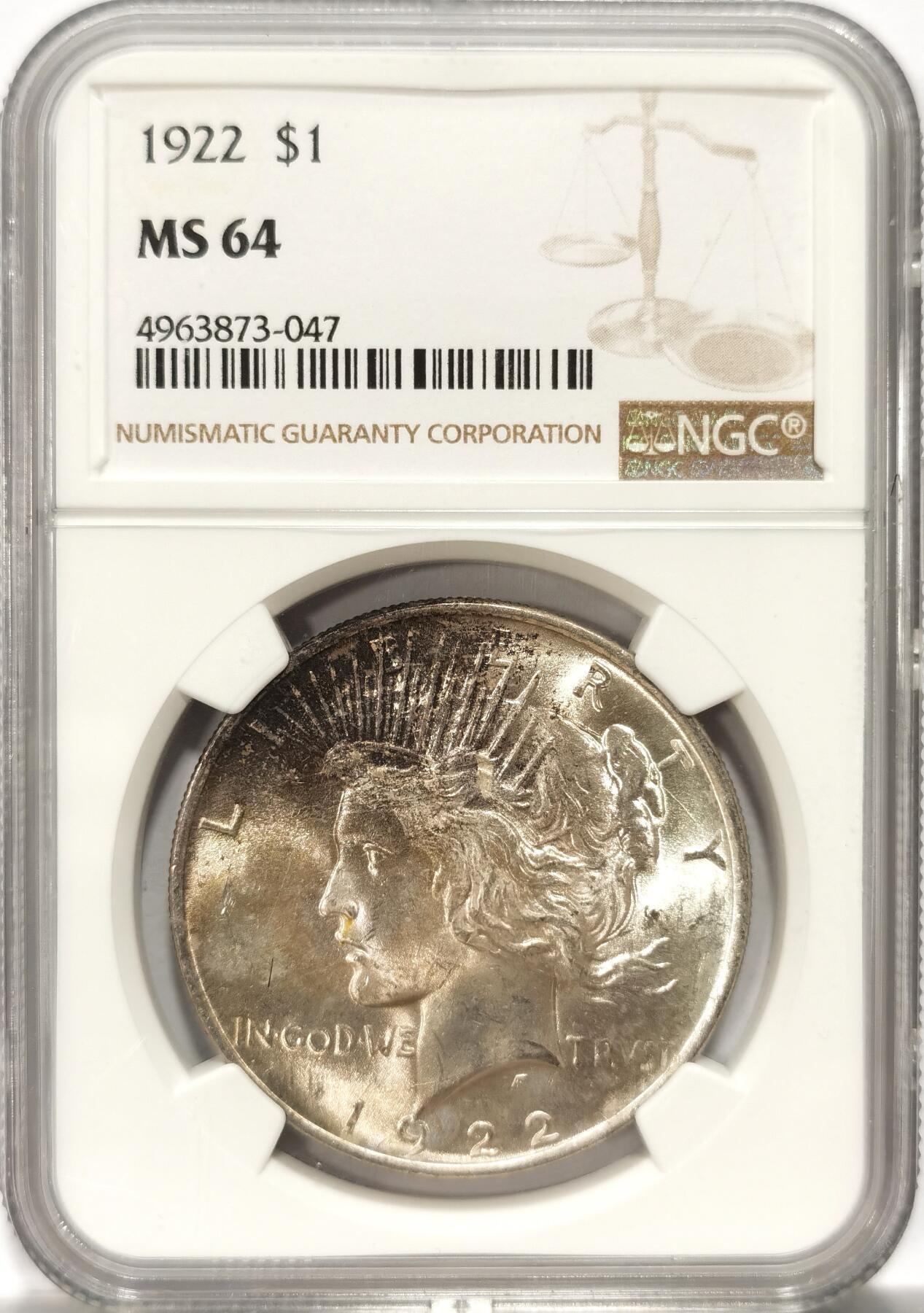 博洋堂世界钱币拍卖第094期（全场包邮） 1922年美国和平银元P版NGC-MS64，原汁原味老包浆，包浆醇厚，币面清爽干净又漂亮，状态一流