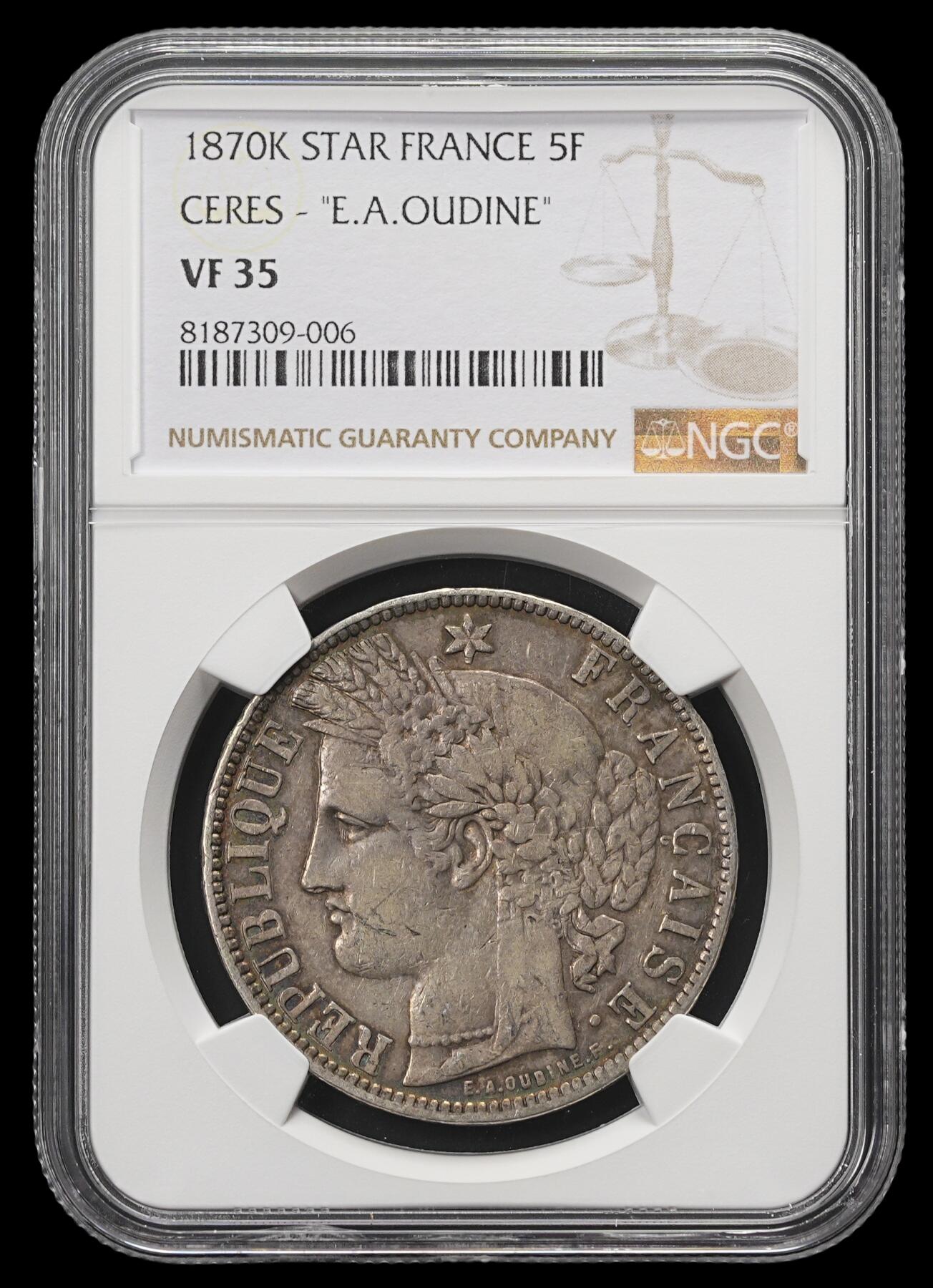 修遠堂世界钱币第四十二期 全场包邮 NGC VF35 1870年法国谷物女神5法郎大银币 K厂铭 稀少的版别 更高分仅4枚
