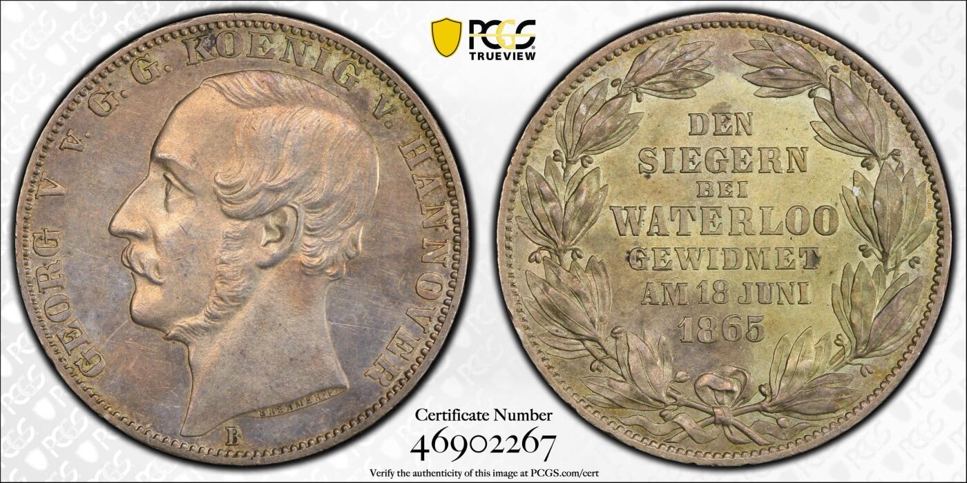 万国钱币拍卖第035期（金银流霞●万国秋季大拍） PCGS MS63 1865年德国汉诺威乔治五世滑铁卢1泰勒 原味青金彩