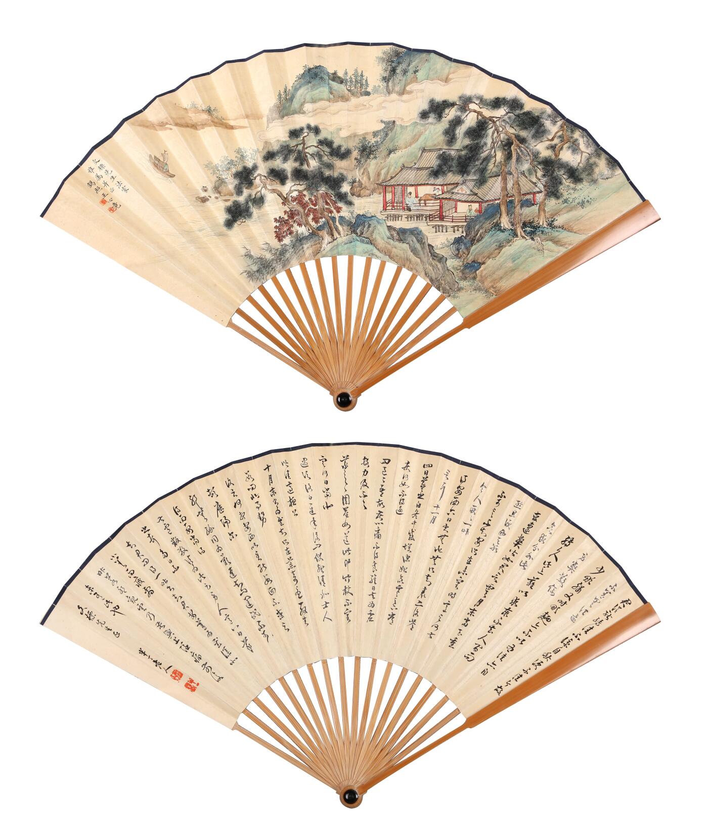 合拍寒食雅集-中国书画 王心竞、陈半丁 书画成扇 19×52cm×2