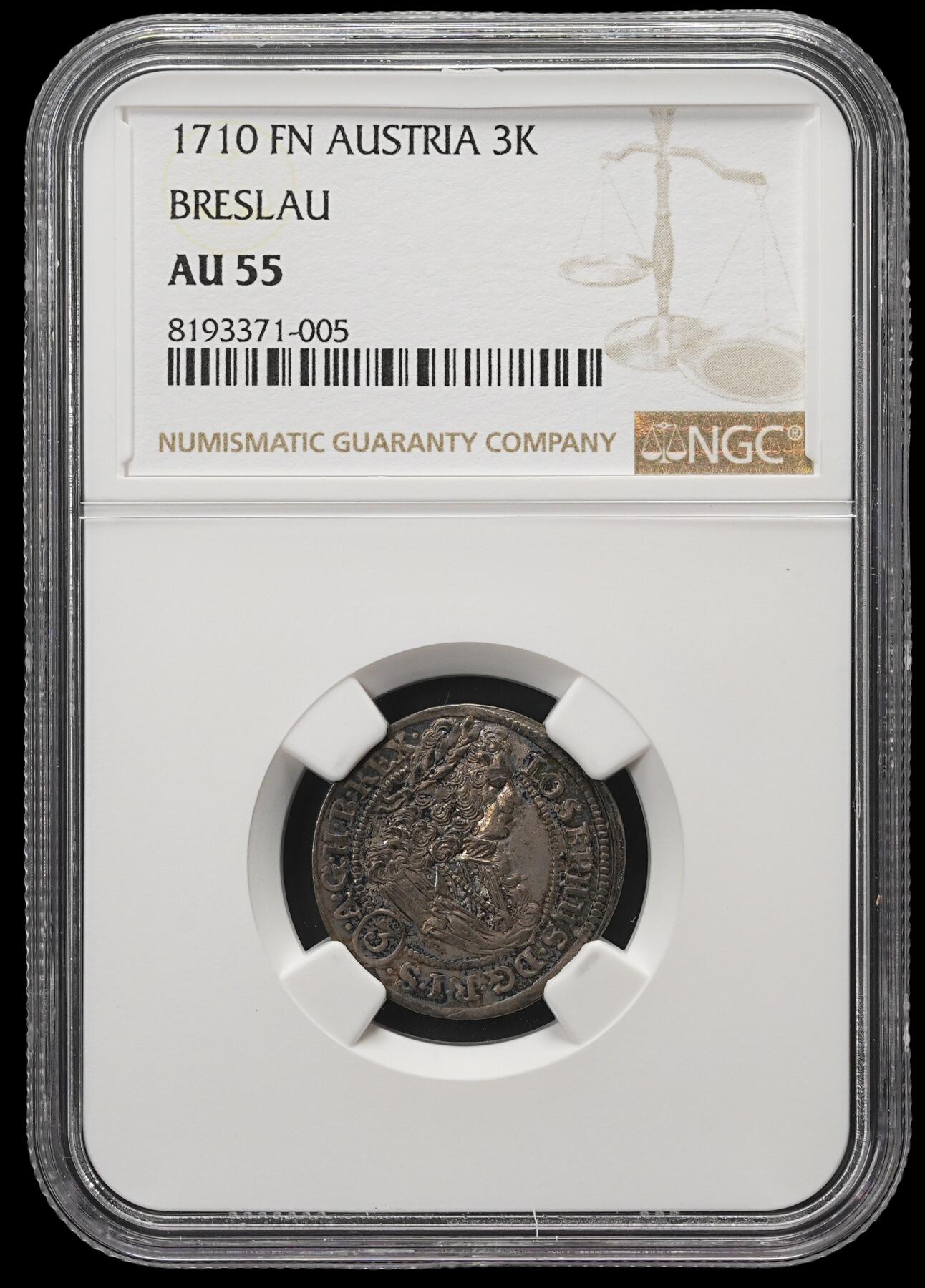 修遠堂世界钱币第四十二期 全场包邮 五彩 NGC AU55 1710年神圣罗马帝国3克鲁泽银币