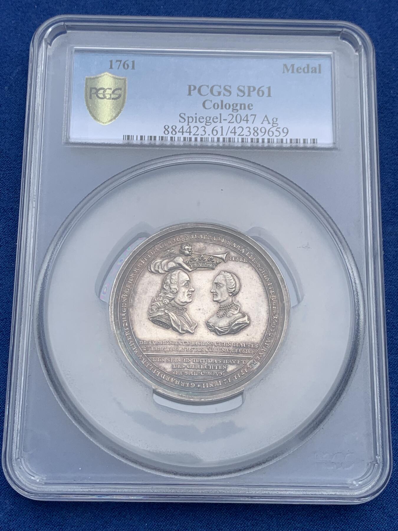 《竞宝斋》第313场 周日，周一 2场连拍 （全场包邮） PCGS SP61 德国 1761 迈纳茨哈根与施卢伊特 金婚纪念大银章 雕刻大师厄克斯林作品 极其稀少的品种