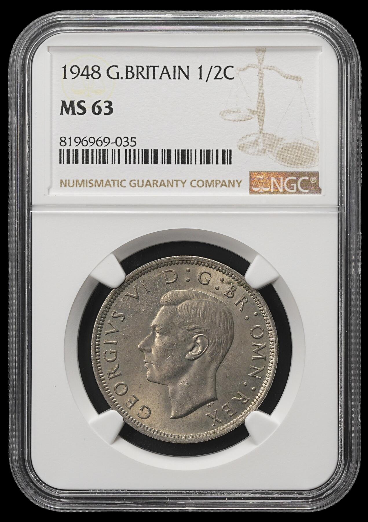 修遠堂世界钱币第四十二期 全场包邮 NGC MS63 1948年英国1/2克朗