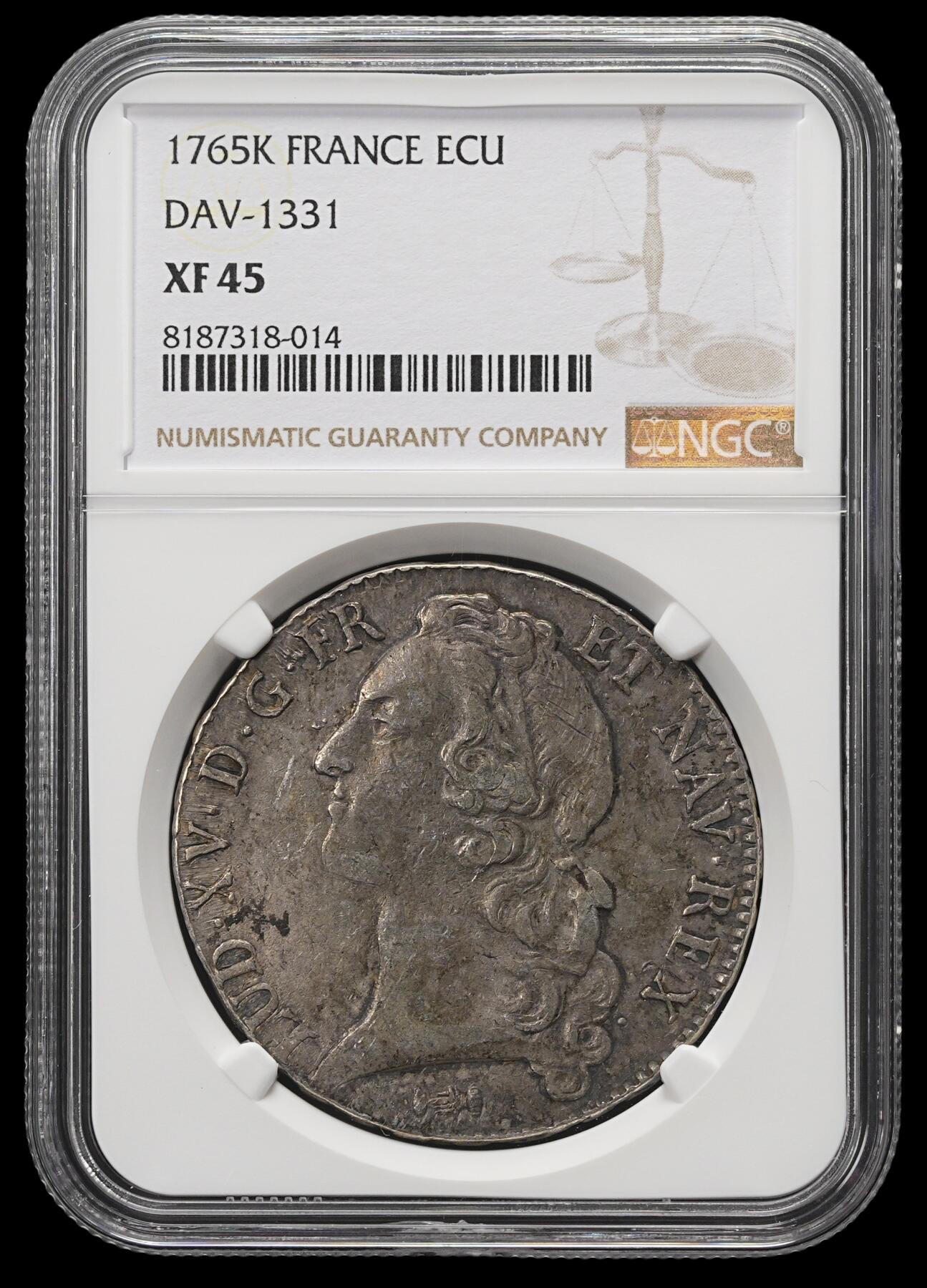 修遠堂世界钱币第四十二期 全场包邮 五彩 NGC XF45 1765年法国埃居大银币 路易十五 K厂铭