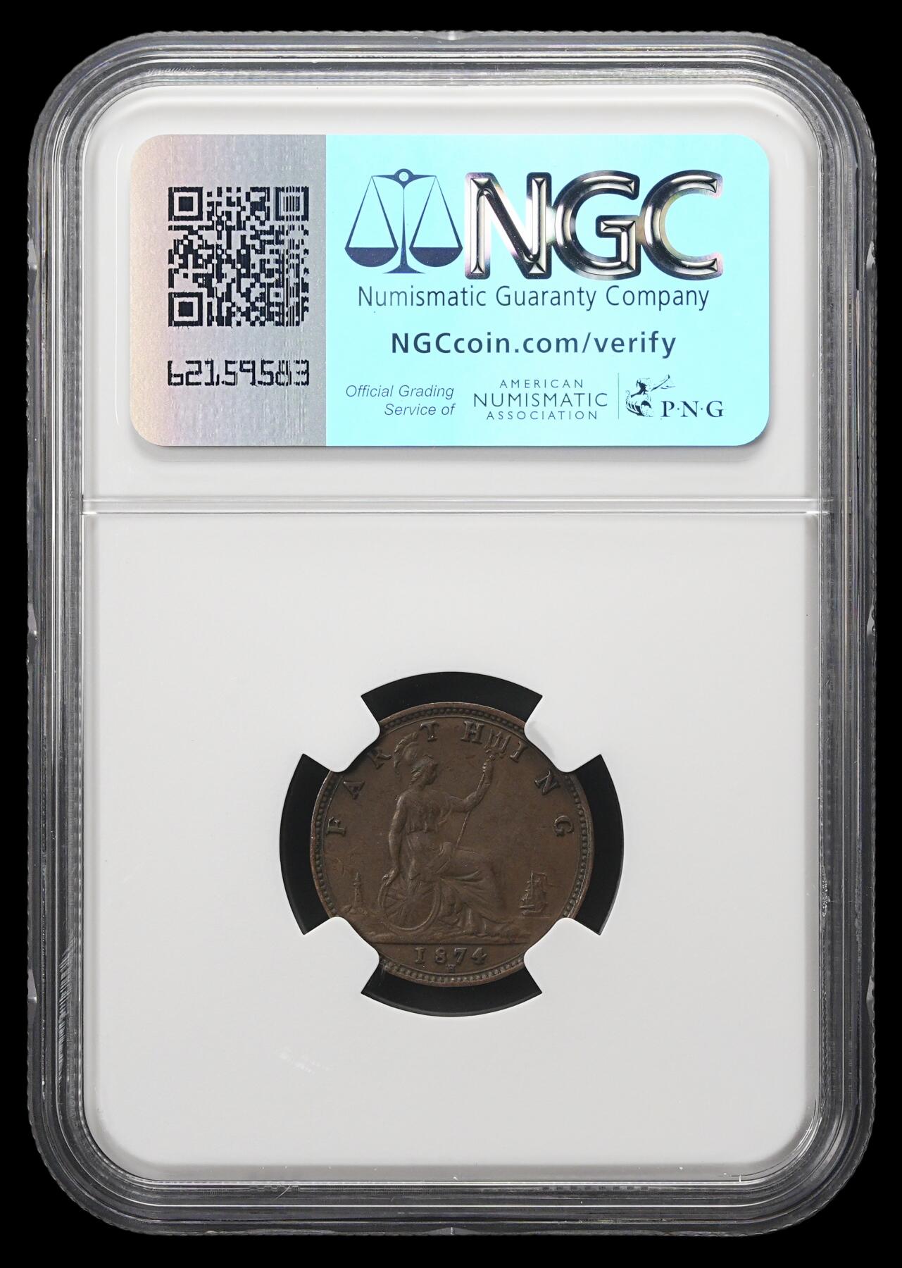 修遠堂世界钱币第四十二期 全场包邮 NGC AU50BN 1874年英国1法新铜币