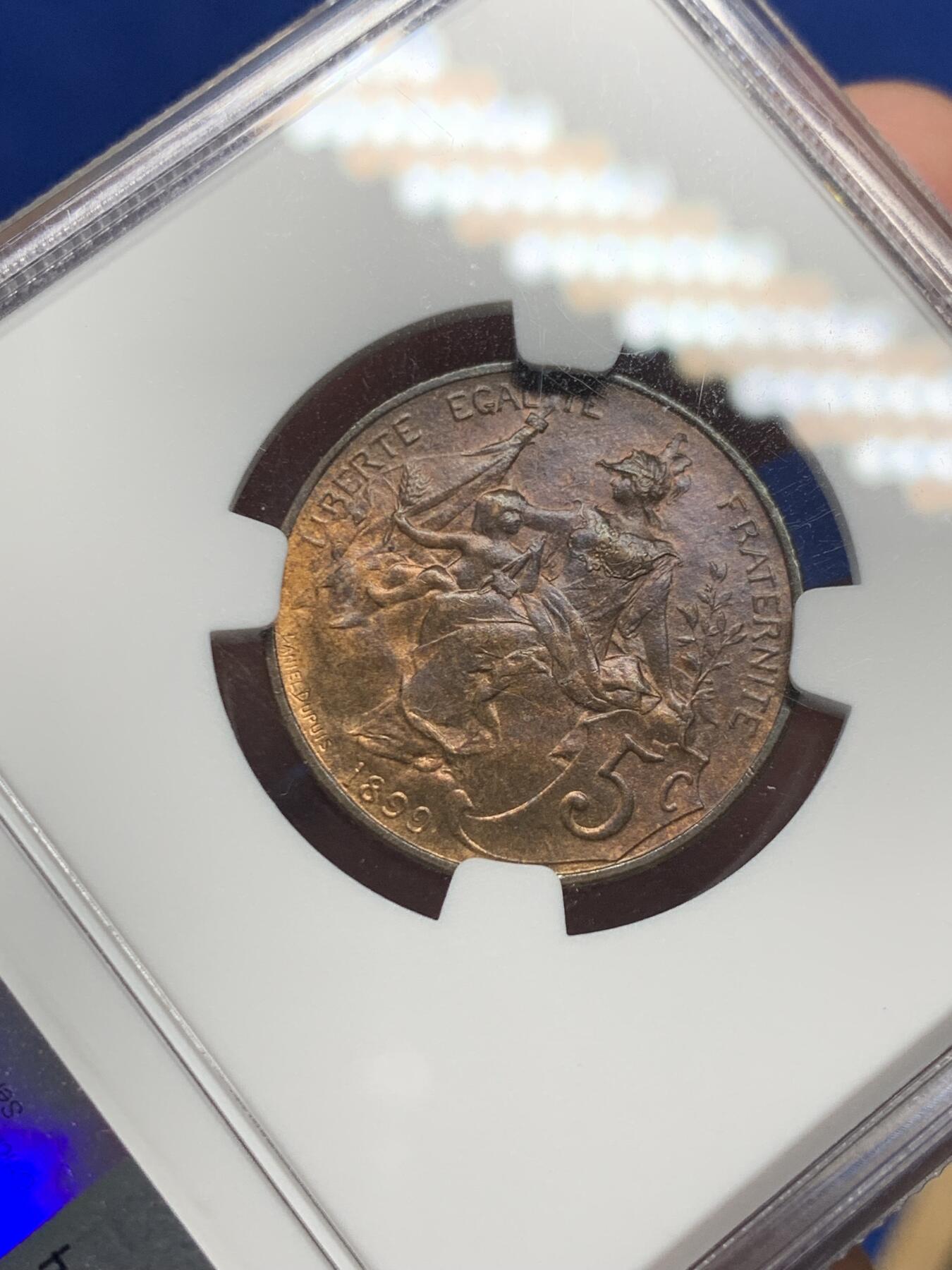 《竞宝斋》第313场 周日，周一 2场连拍 （全场包邮） NGC MS64BN 法国1899年5分铜币
