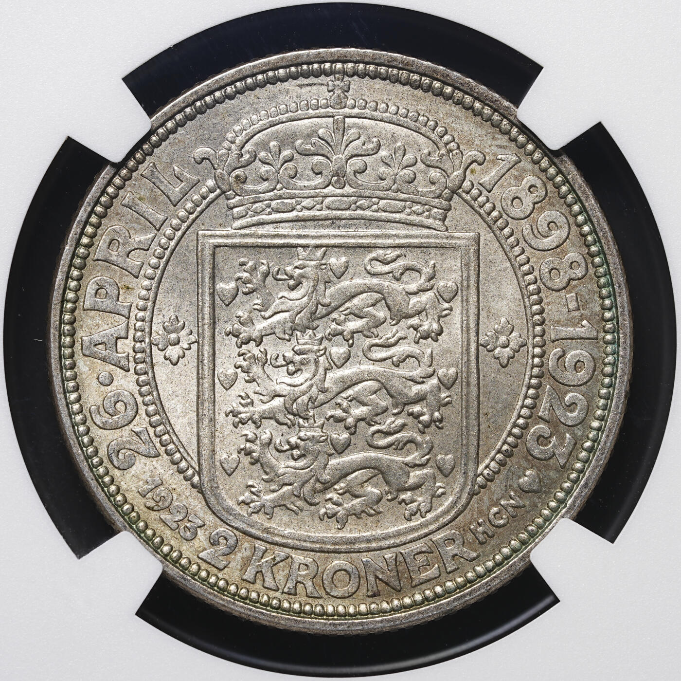 修遠堂世界钱币第四十二期 全场包邮 NGC MS65 1923年丹麦国王银婚纪念2克朗银币