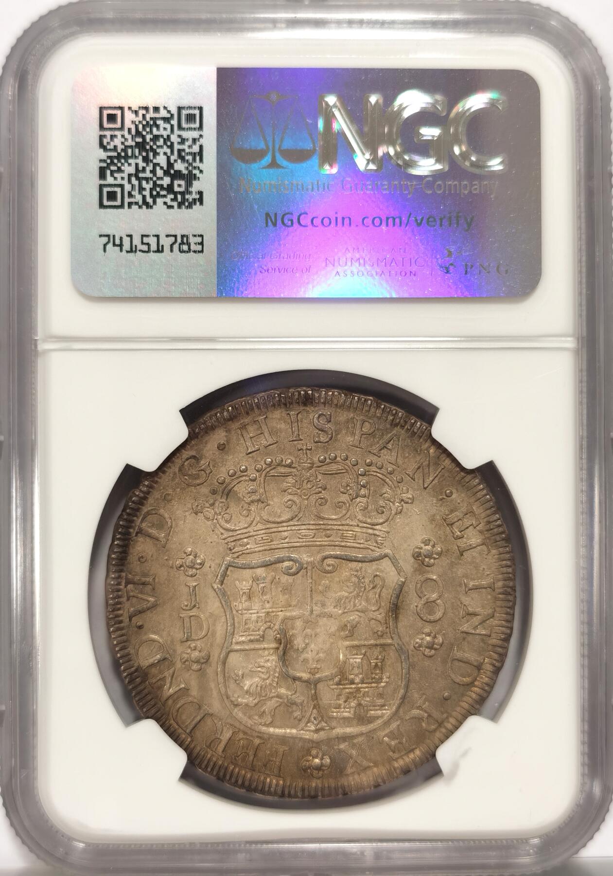博洋堂“风染桂香”10月精品专场暨第095期（全场包邮） NGC UNC detail 秘鲁1754年利马地球双柱，均匀完美包浆，十分耐看