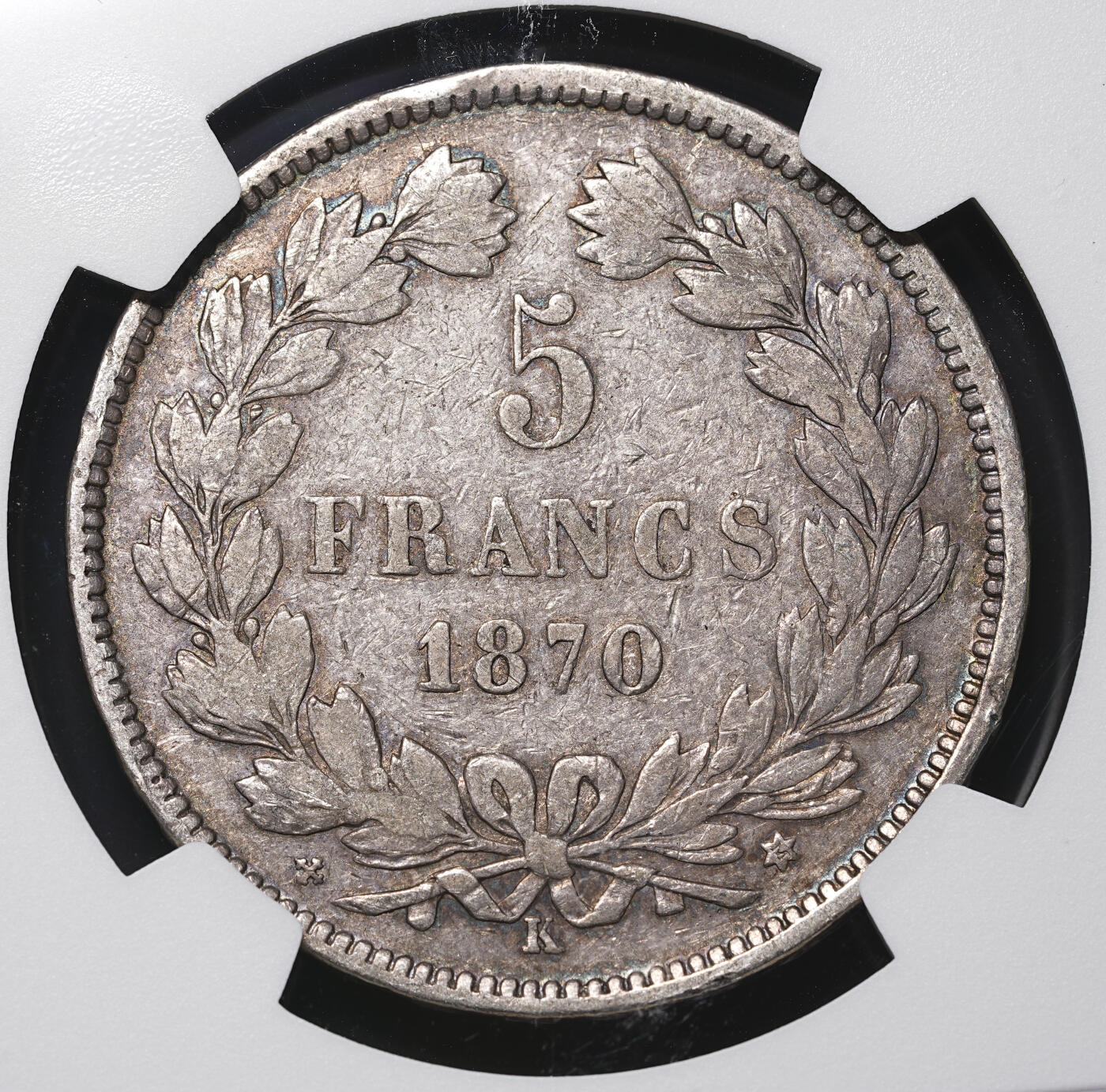 修遠堂世界钱币第四十二期 全场包邮 NGC VF35 1870年法国谷物女神5法郎大银币 K厂铭 稀少的版别 更高分仅4枚