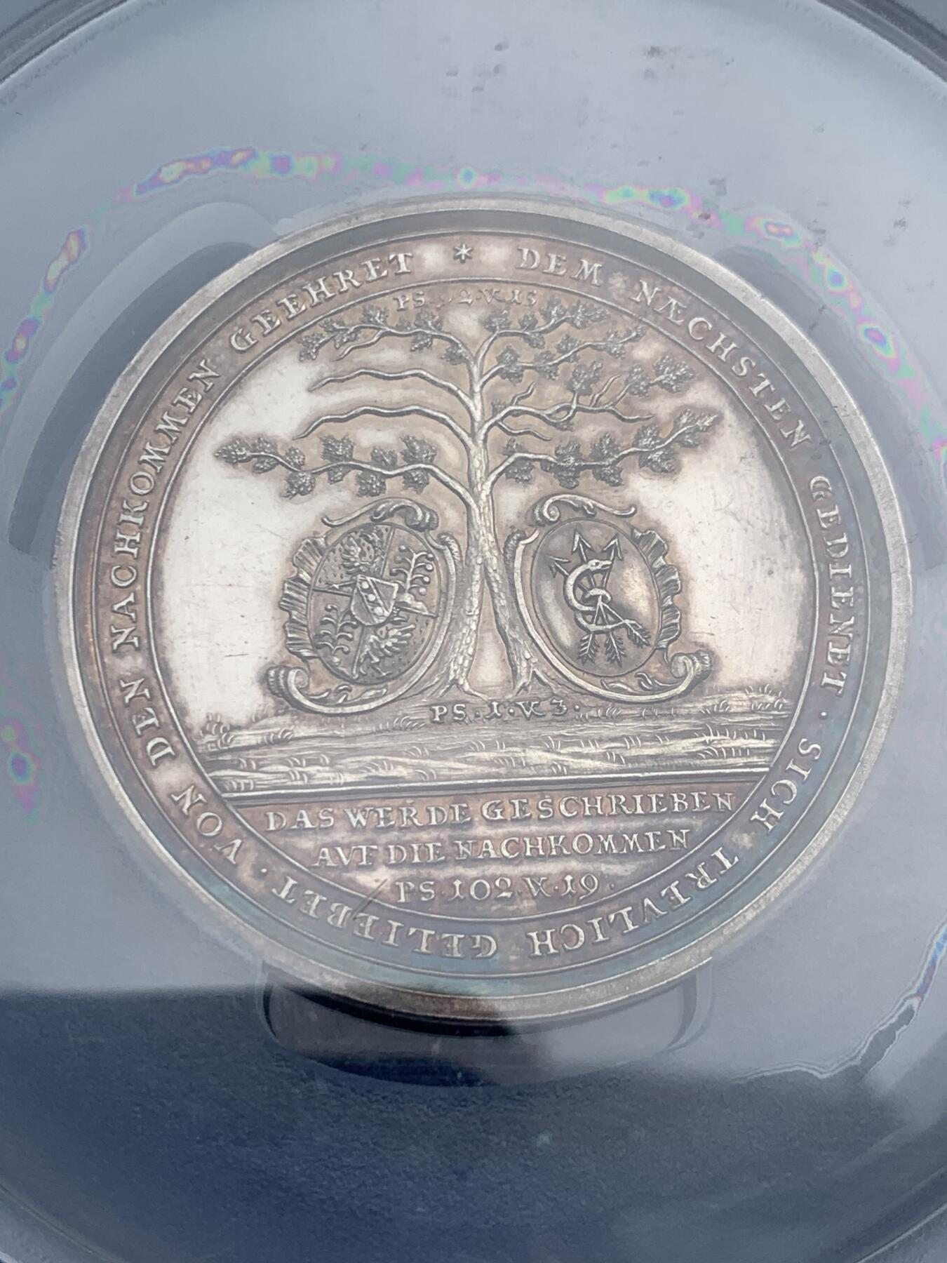 《竞宝斋》第313场 周日，周一 2场连拍 （全场包邮） PCGS SP61 德国 1761 迈纳茨哈根与施卢伊特 金婚纪念大银章 雕刻大师厄克斯林作品 极其稀少的品种