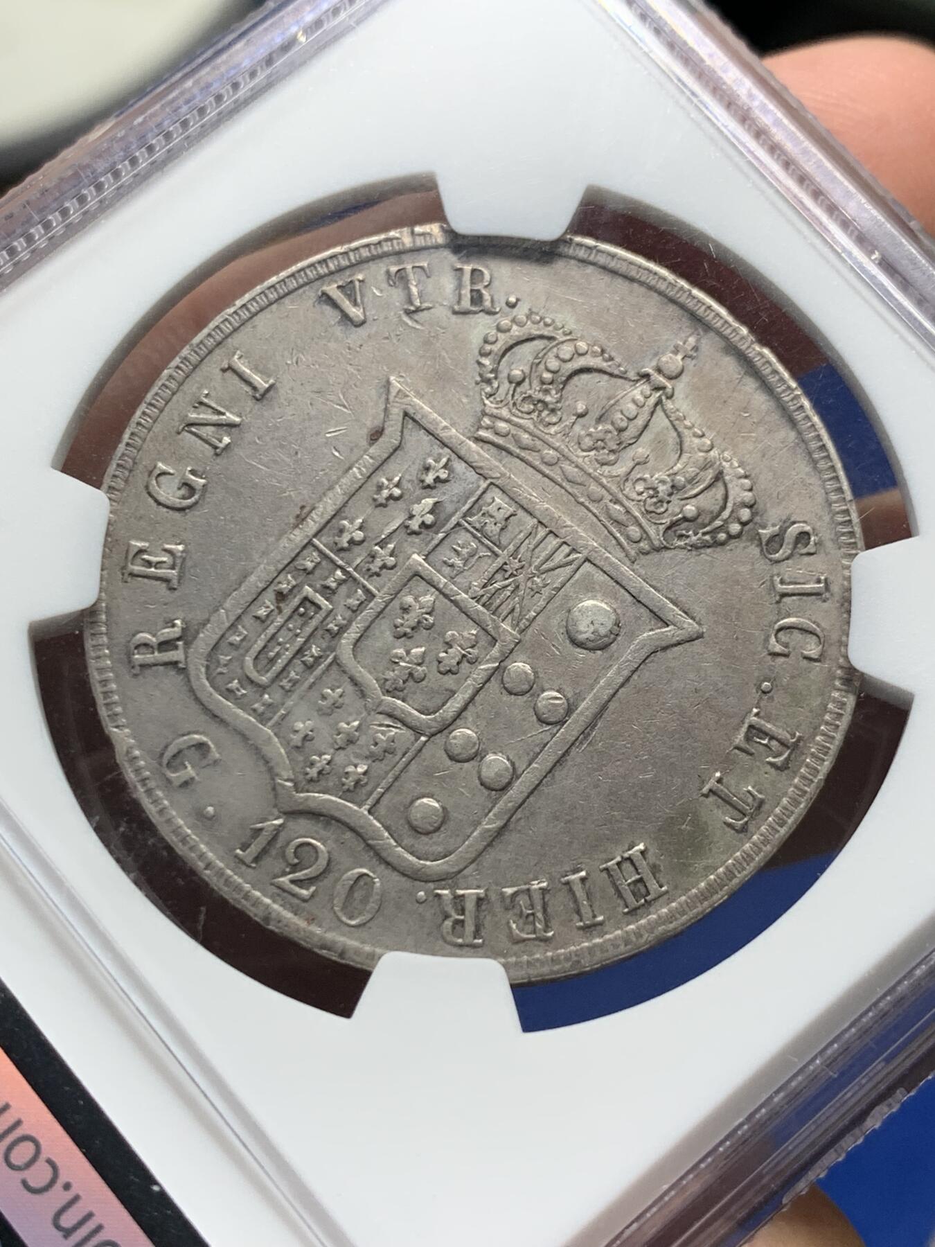 《竞宝斋》第313场 周日，周一 2场连拍 （全场包邮） NGC AUD 意大利1856年那不勒斯-西西里120G大银币