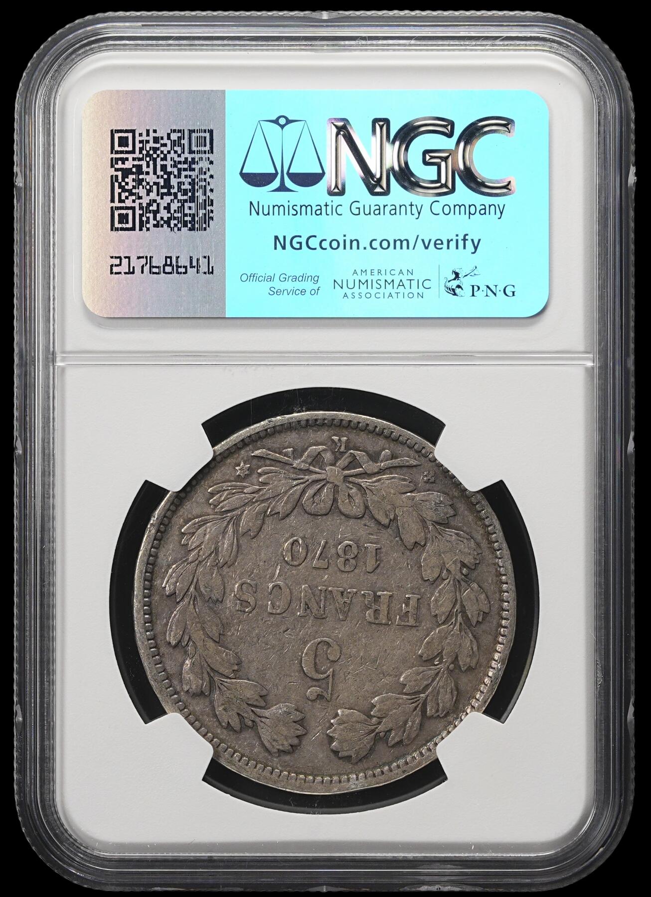 修遠堂世界钱币第四十二期 全场包邮 NGC VF35 1870年法国谷物女神5法郎大银币 K厂铭 稀少的版别 更高分仅4枚