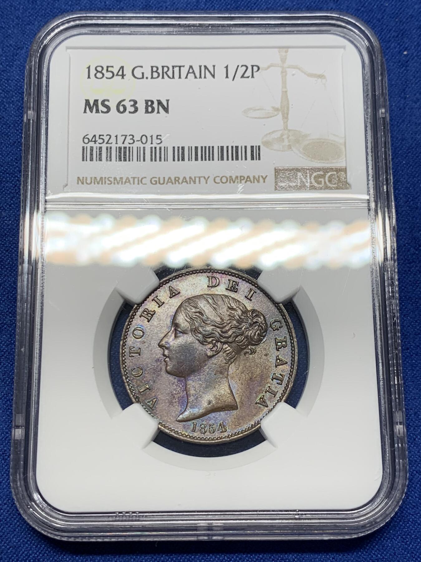 《竞宝斋》第313场 周日，周一 2场连拍 （全场包邮） NGC MS63BN 英国1854年小维半便士铜币