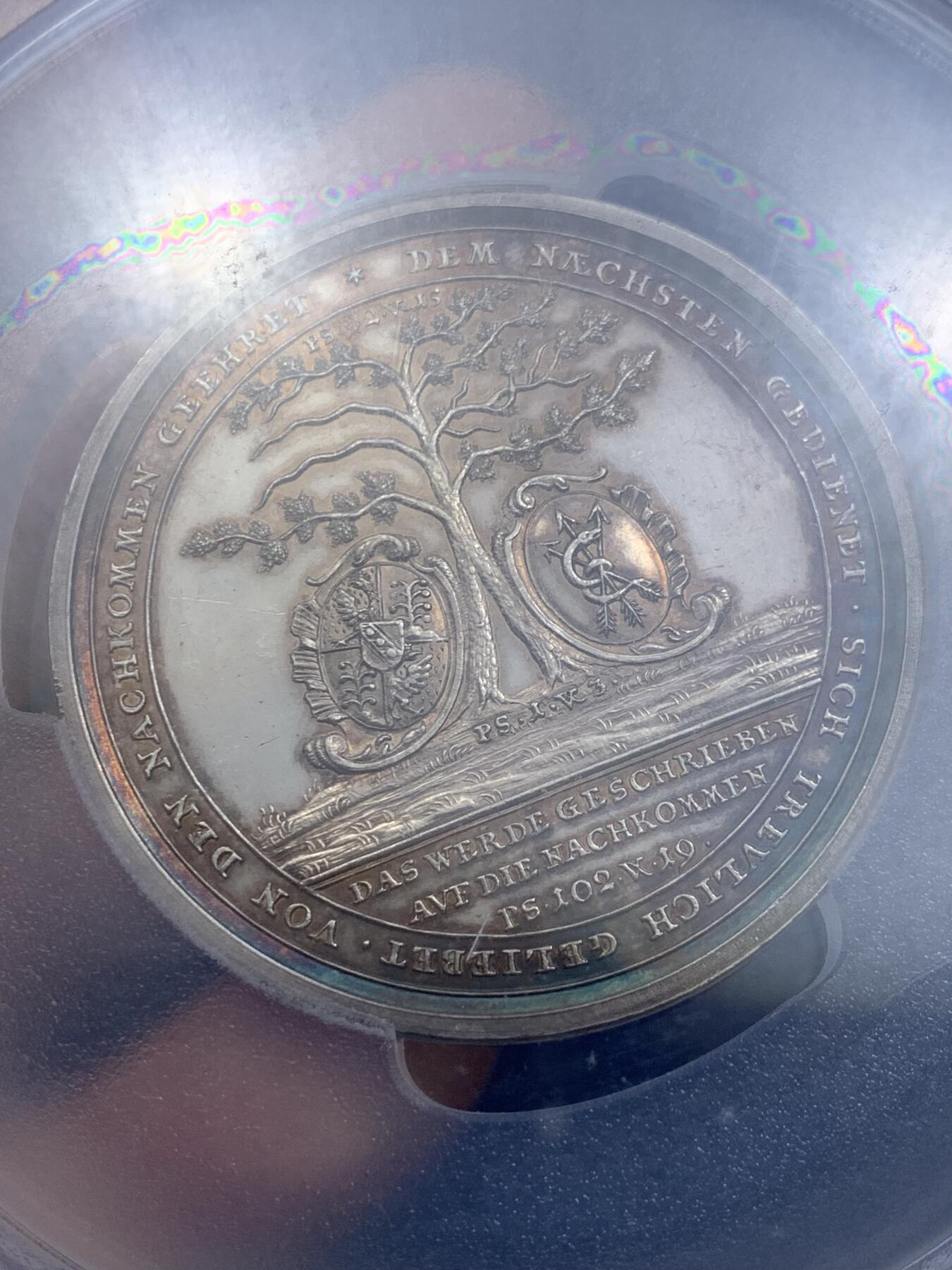 《竞宝斋》第313场 周日，周一 2场连拍 （全场包邮） PCGS SP61 德国 1761 迈纳茨哈根与施卢伊特 金婚纪念大银章 雕刻大师厄克斯林作品 极其稀少的品种