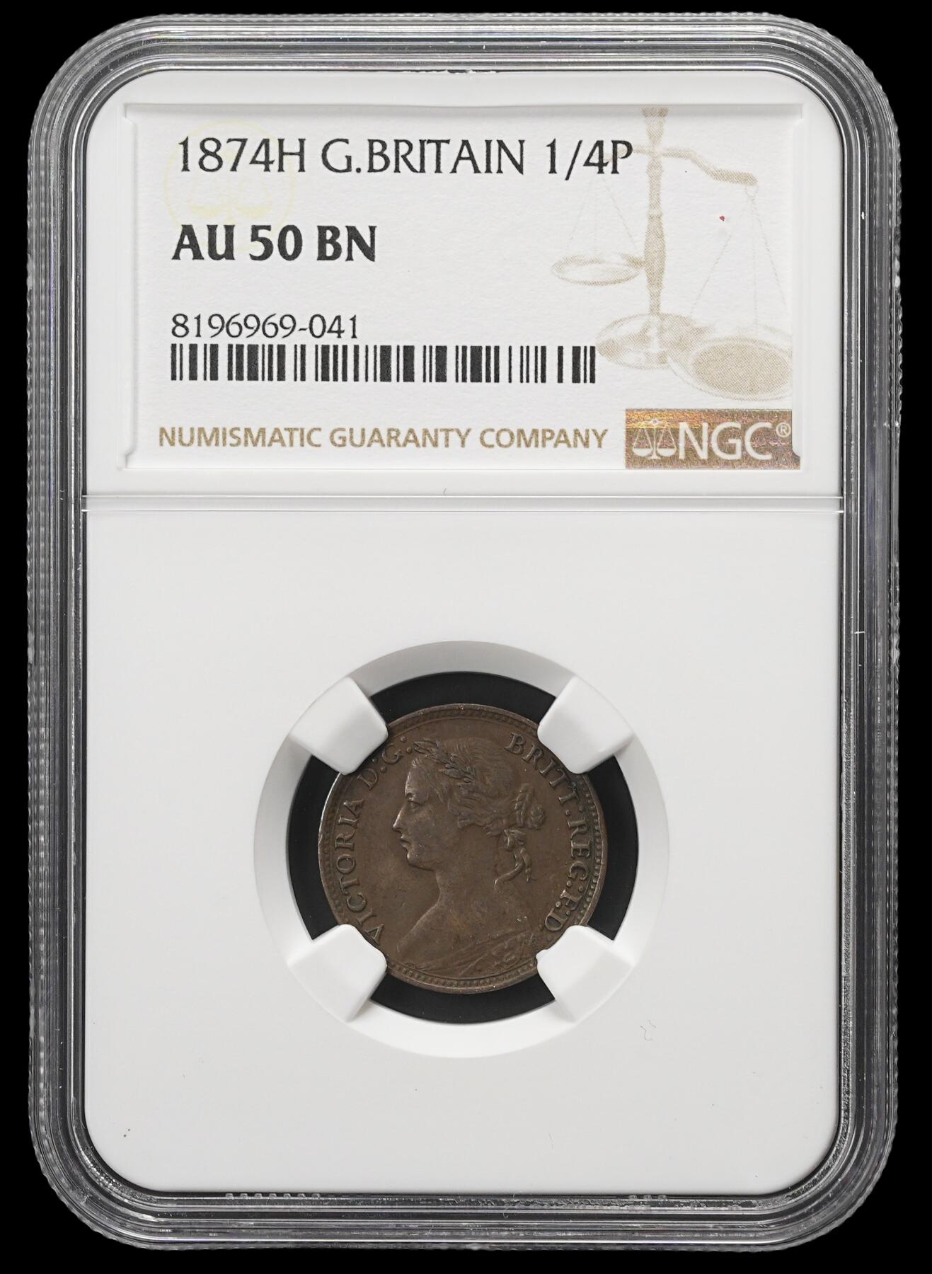 修遠堂世界钱币第四十二期 全场包邮 NGC AU50BN 1874年英国1法新铜币