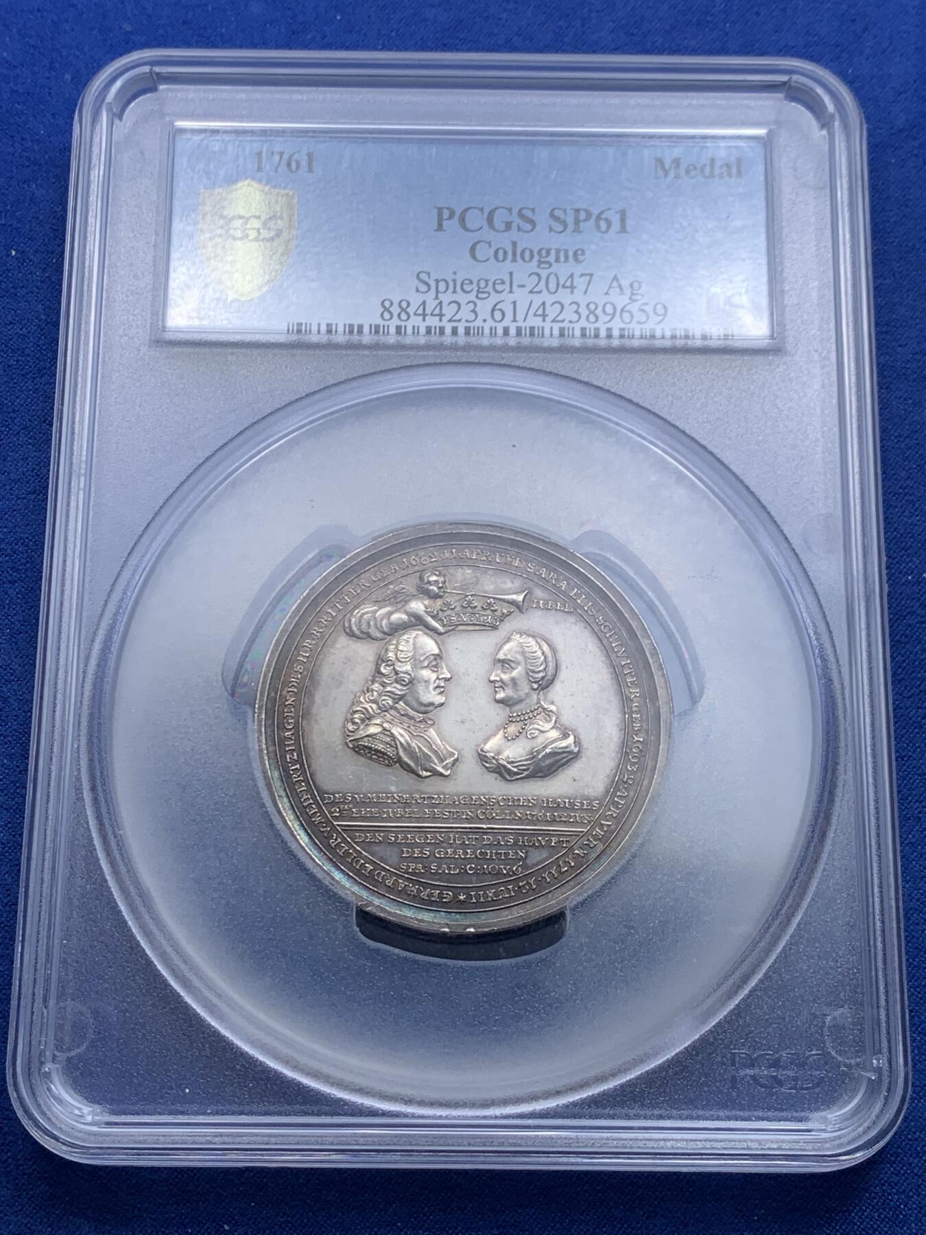 《竞宝斋》第313场 周日，周一 2场连拍 （全场包邮） PCGS SP61 德国 1761 迈纳茨哈根与施卢伊特 金婚纪念大银章 雕刻大师厄克斯林作品 极其稀少的品种