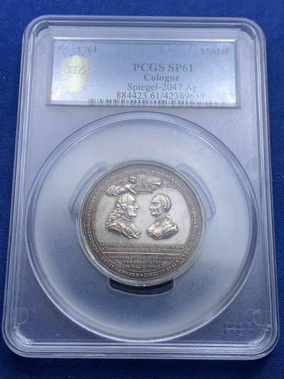 《竞宝斋》第313场 周日，周一 2场连拍 （全场包邮） - PCGS SP61 德国 1761 迈纳茨哈根与施卢伊特 金婚纪念大银章 雕刻大师厄克斯林作品 极其稀少的品种