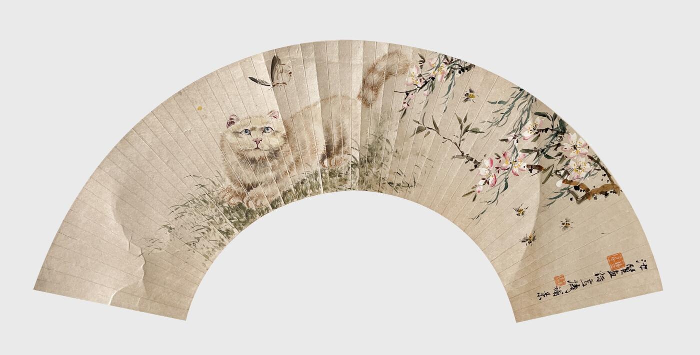 合拍寒食雅集-中国书画 曹克家、王雪涛 猫蝶扇面 11×45cm