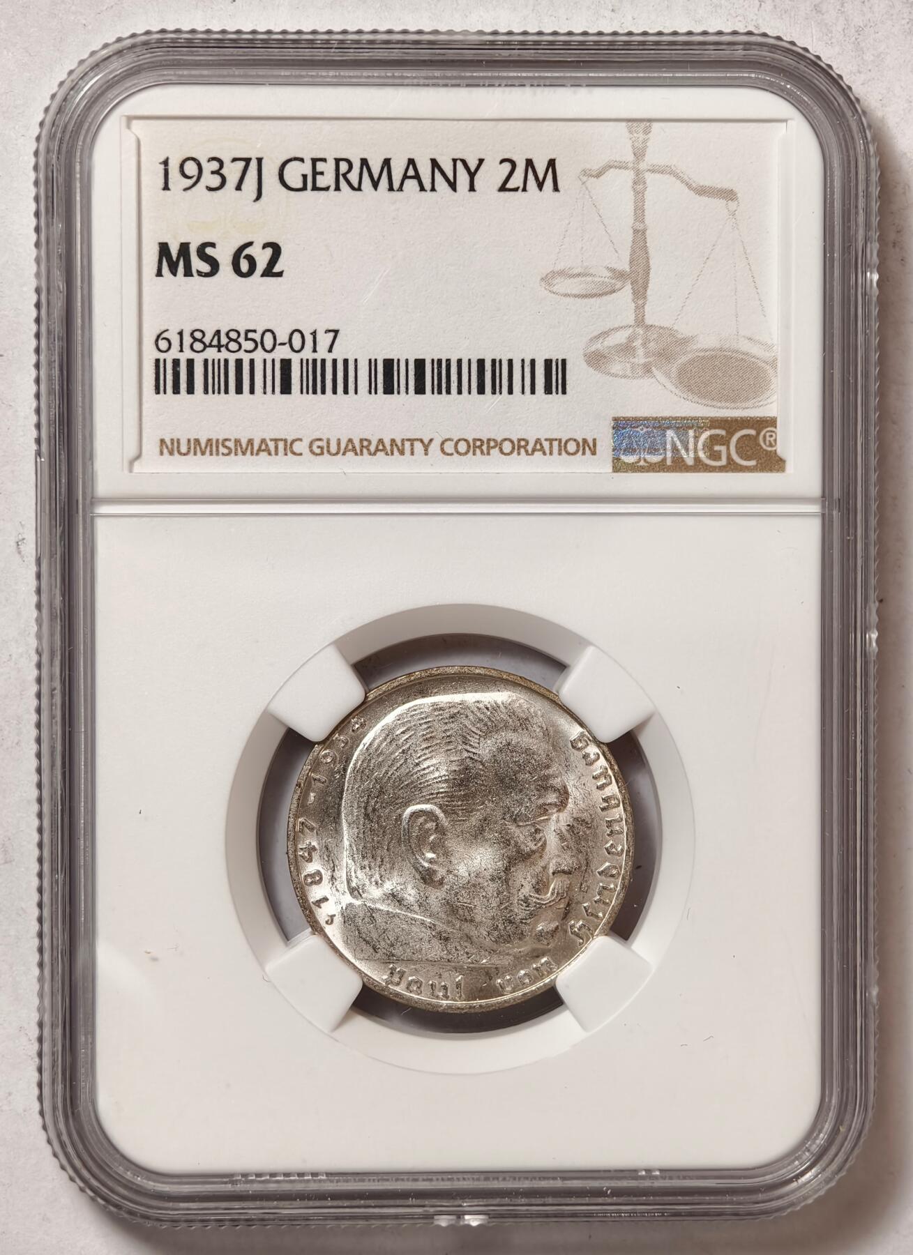 紫瑗钱币——第476期 德国 1937年 J版 兴登堡 2马克 银币 NGC MS62