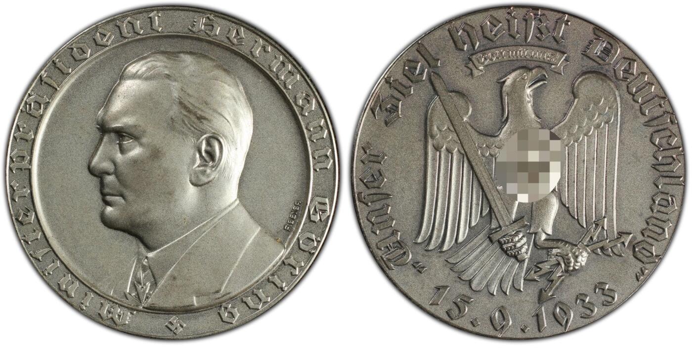 万国钱币拍卖第035期（金银流霞●万国秋季大拍） PCGS SP65 1933年德国民族社会主义工人党赫尔曼·戈林当选普鲁士总理并成立“盖世太保”纪念银章 完美高浮雕顶级品相 与大事记为统一规格同一雕模师（原图请自行查询官网或私信后台）