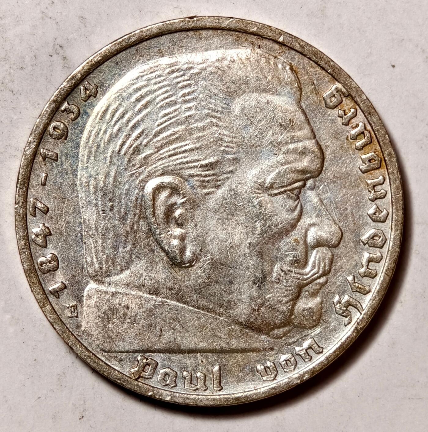 紫瑗钱币——第452期 德国 1939年 E版 兴登堡 字符 5马克 13.9克 0.9银