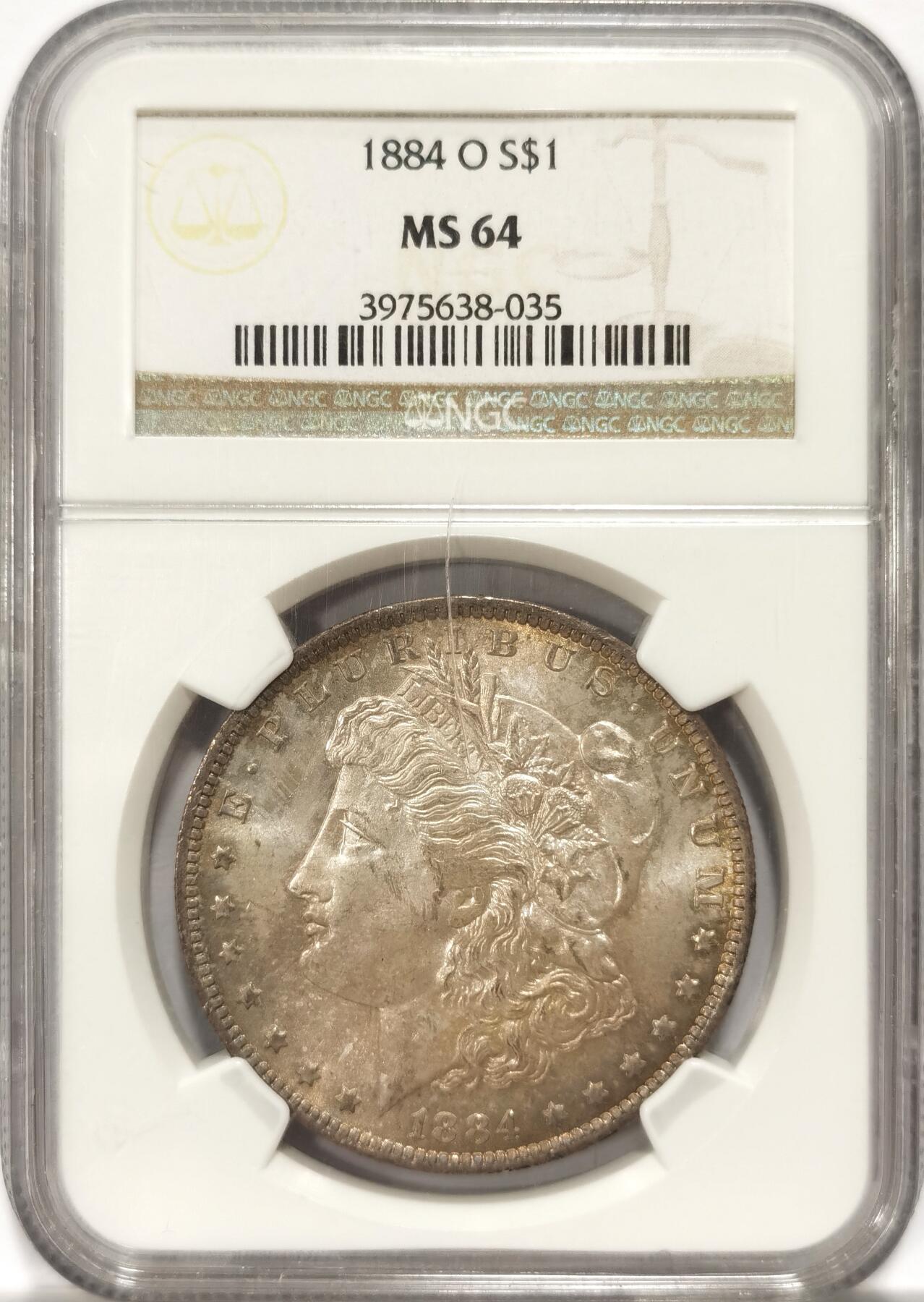 博洋堂世界钱币拍卖第094期（全场包邮） 1884年美国摩根银币O版NGC-MS64，原汁原味双面彩老包浆，包浆醇厚，打制精美，状态极佳