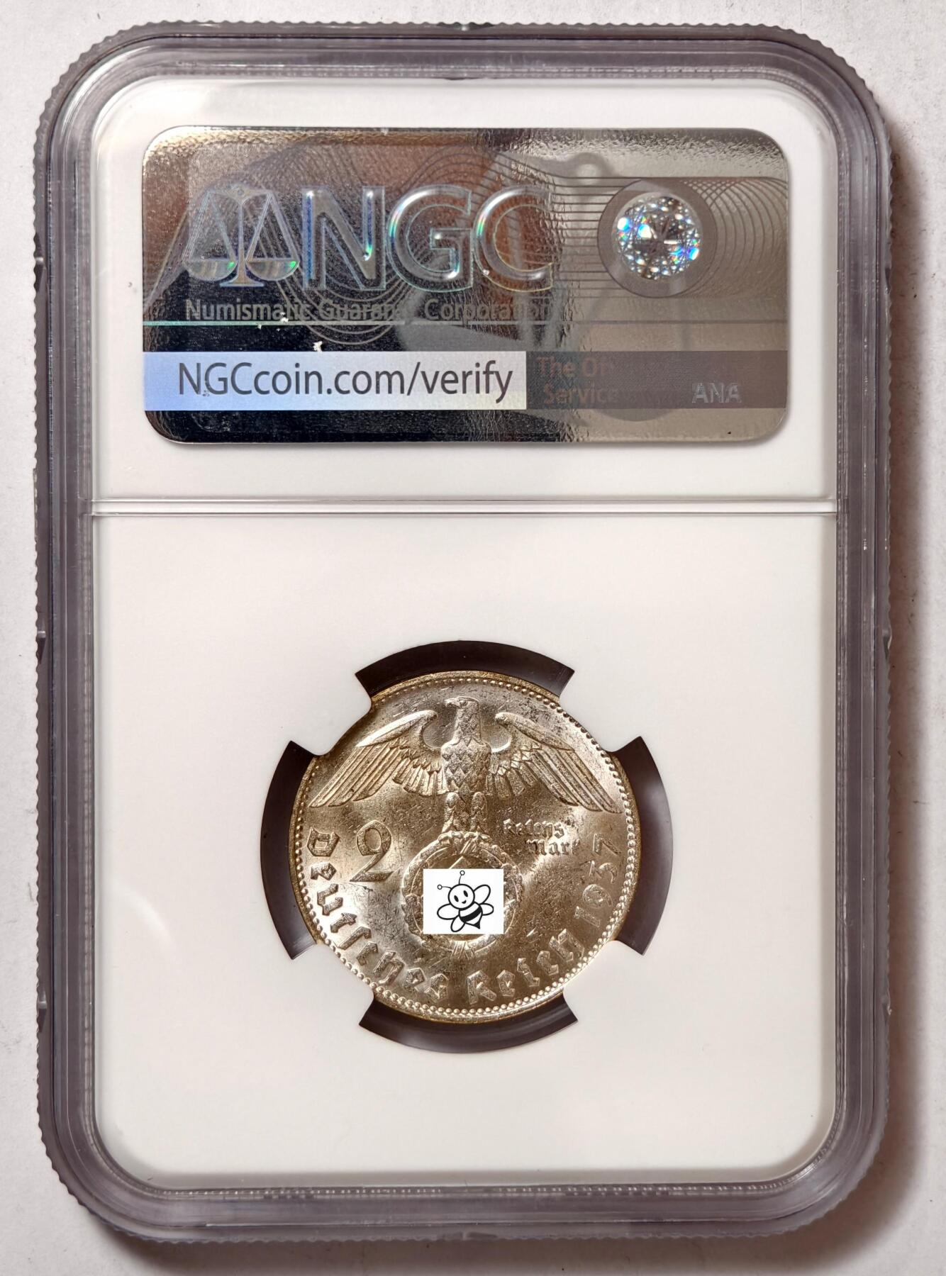 紫瑗钱币——第476期 德国 1937年 J版 兴登堡 2马克 银币 NGC MS62