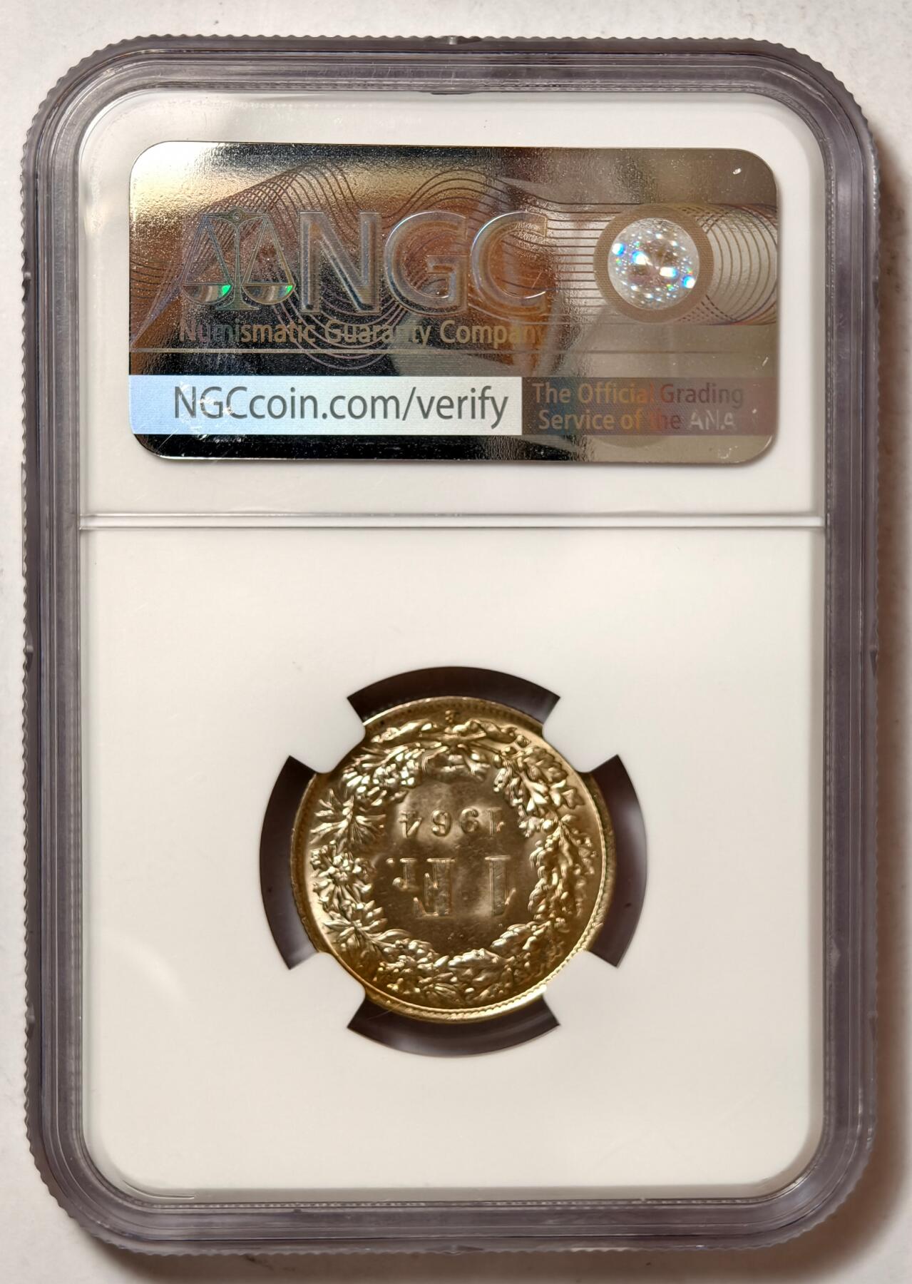 紫瑗钱币——第458期 瑞士 1964年 B版 赫尔维蒂亚 1法郎 银币 NGC MS65