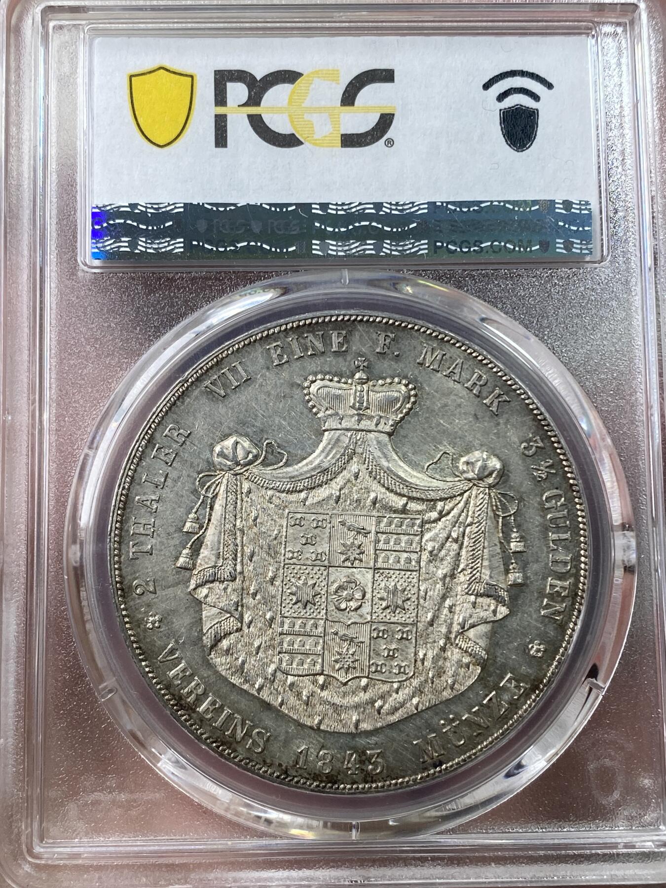 万国钱币拍卖第035期（金银流霞●万国秋季大拍） PCGS MS61 1843年德国利普-德特莫尔德纹章大窗帘流通2泰勒 单年发行1.68万枚的精品小邦2T 柏林厂高超的铸币工艺体现的淋漓尽致 原始熟美的五彩包浆均匀散落 