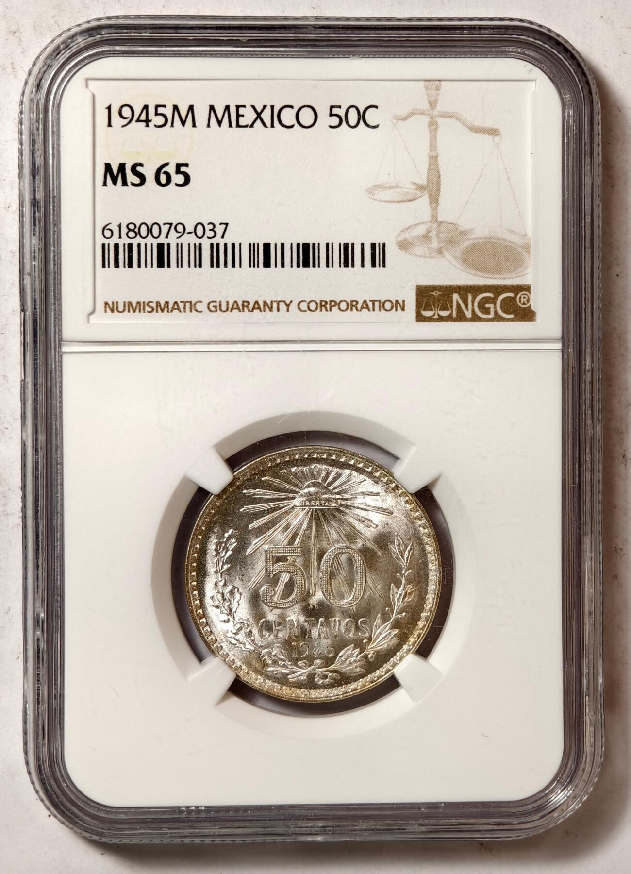 紫瑗钱币——第434期 墨西哥 1945年 M版 鹰洋 50分 银币 NGC MS65