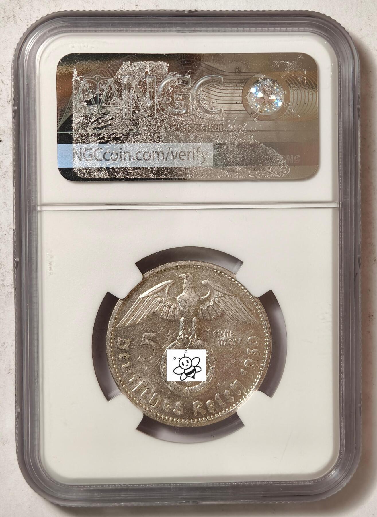 紫瑗钱币——第474期 德国 1939年 G版 兴登堡 字符 5马克 银币 NGC UNC DETAIL 特殊厂