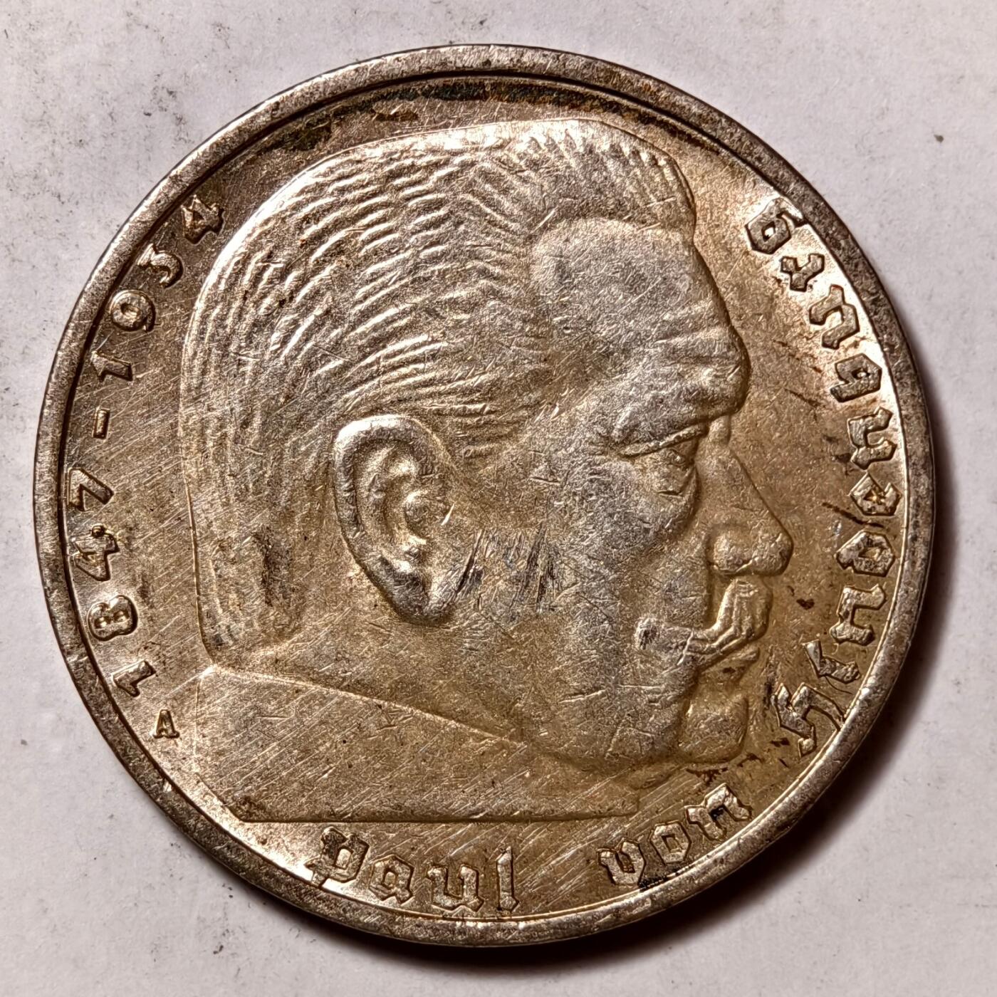 紫瑗钱币——第512期 德国 1939年 A版 兴登堡 字符 5马克 13.9克 0.9银
