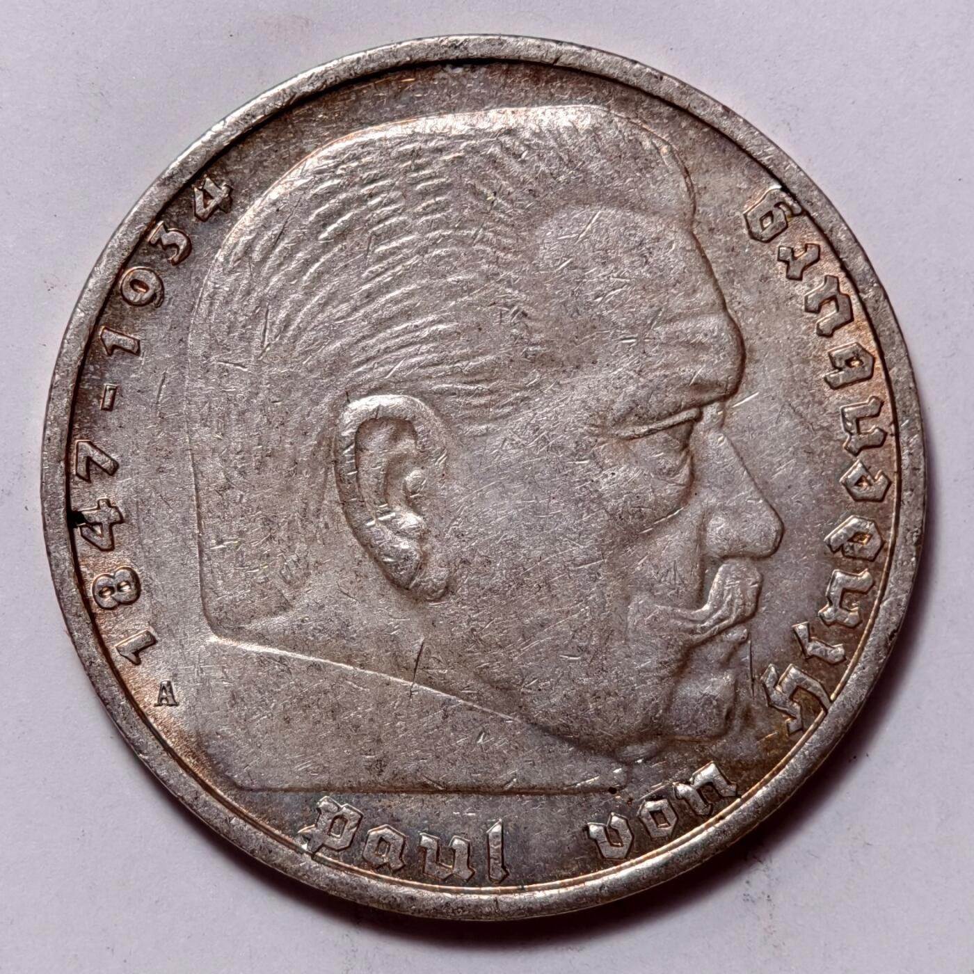 紫瑗钱币——第458期  德国 1939年 A版 兴登堡 字符 5马克 13.9克 0.9银