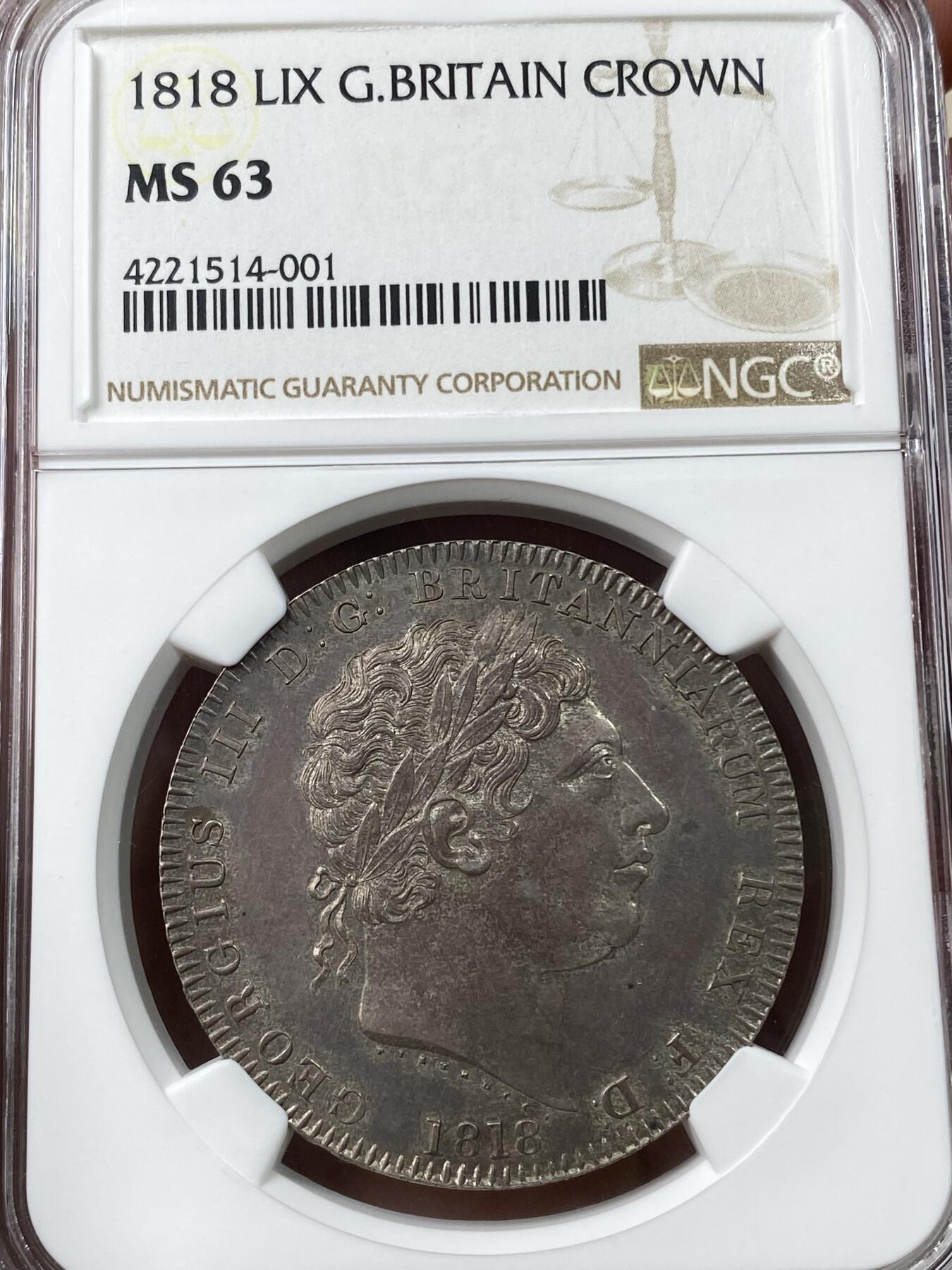 万国钱币拍卖第035期（金银流霞●万国秋季大拍） NGC MS63 1818年英国乔治三世大马剑1克朗 目光所及之处皆是布满红玫瑰般的均匀红酒包浆 视觉上几乎无任何可见缺陷 完美收藏品质