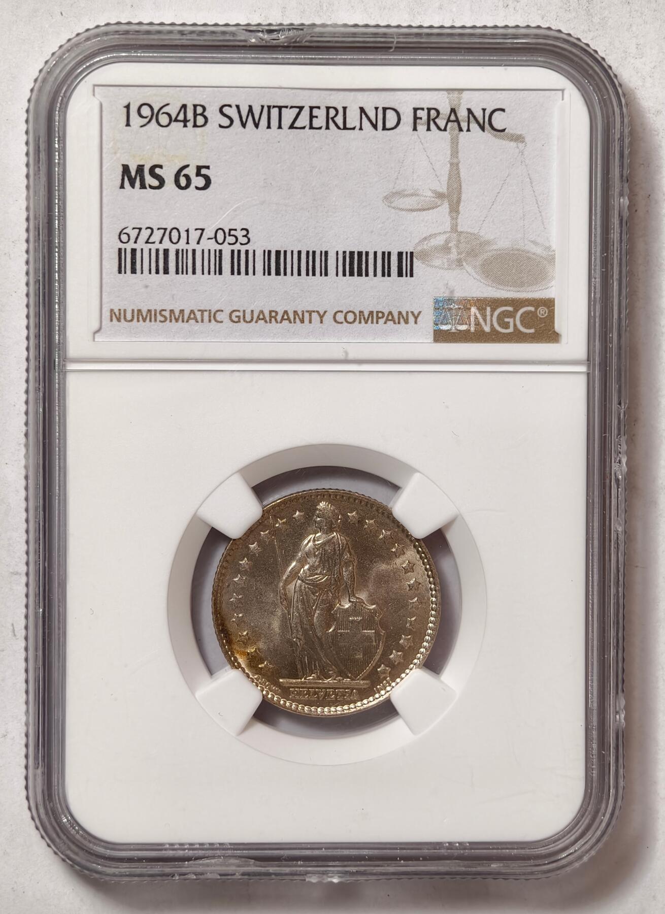 紫瑗钱币——第458期 瑞士 1964年 B版 赫尔维蒂亚 1法郎 银币 NGC MS65