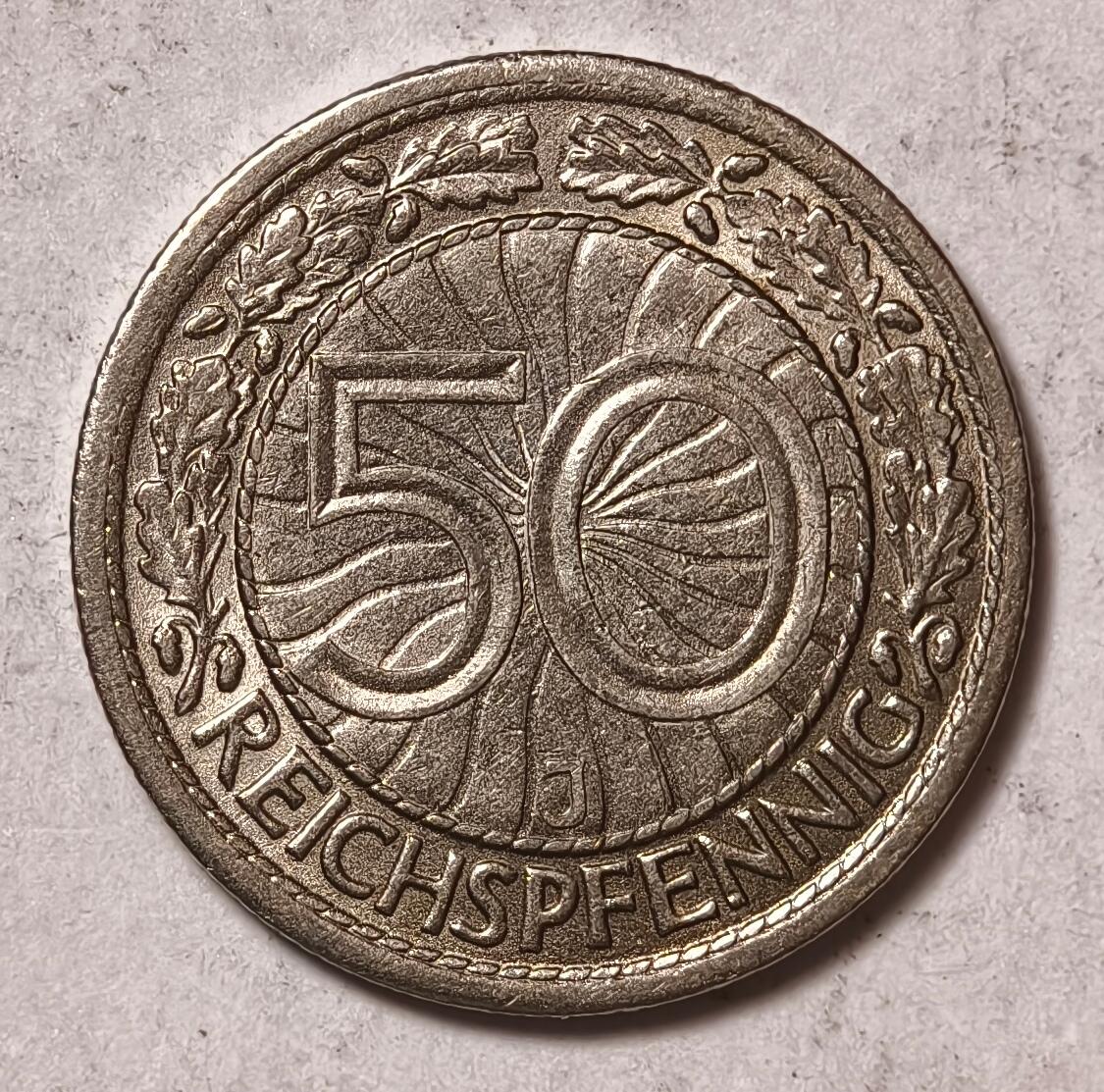 紫瑗钱币——第434期 德国 魏玛共和国 1928年 J版 50芬妮 镍币