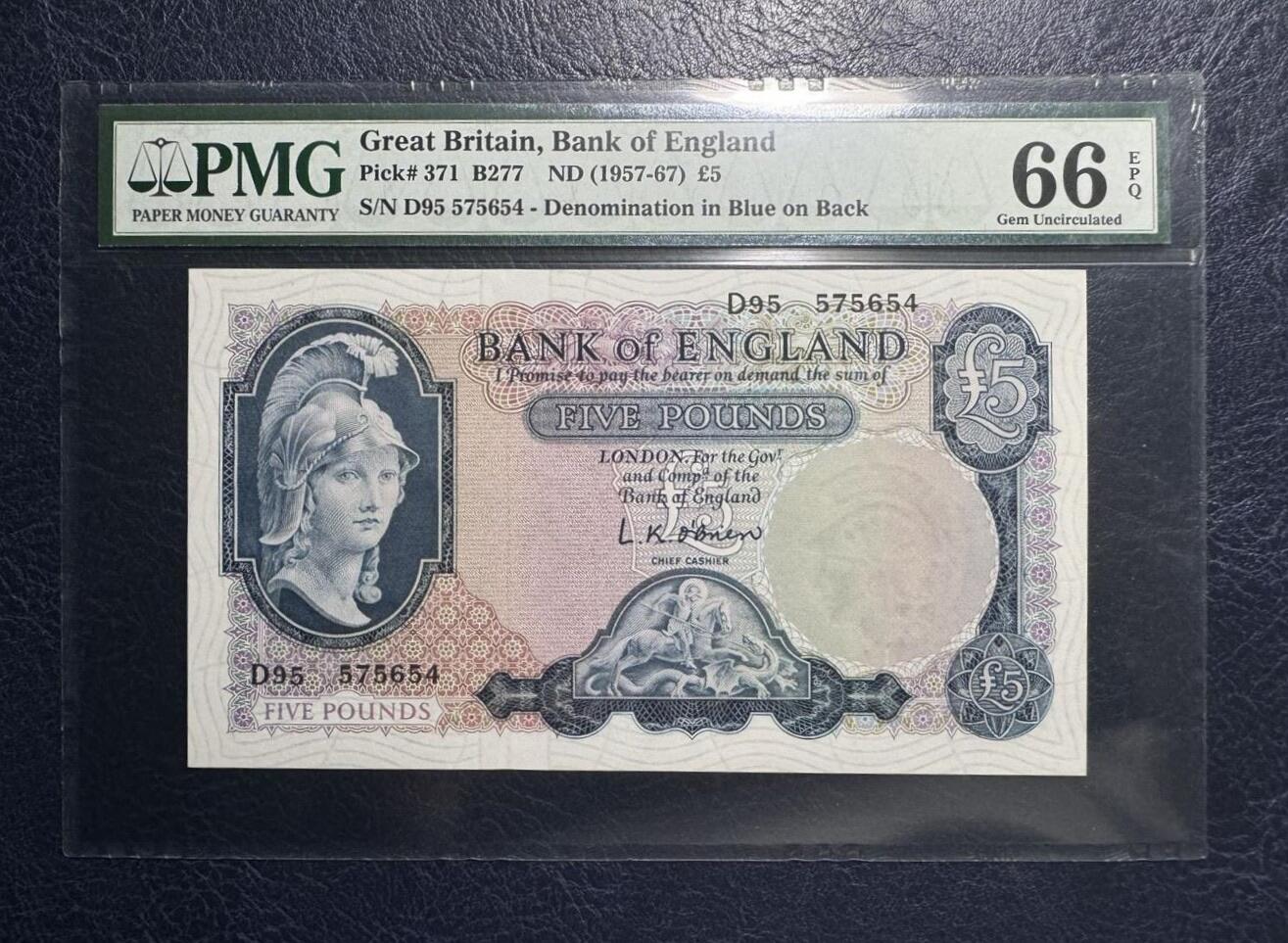收藏联盟Quantum Auction 第381期拍卖  英国1957-67年5镑 PMG66 帝国女神
