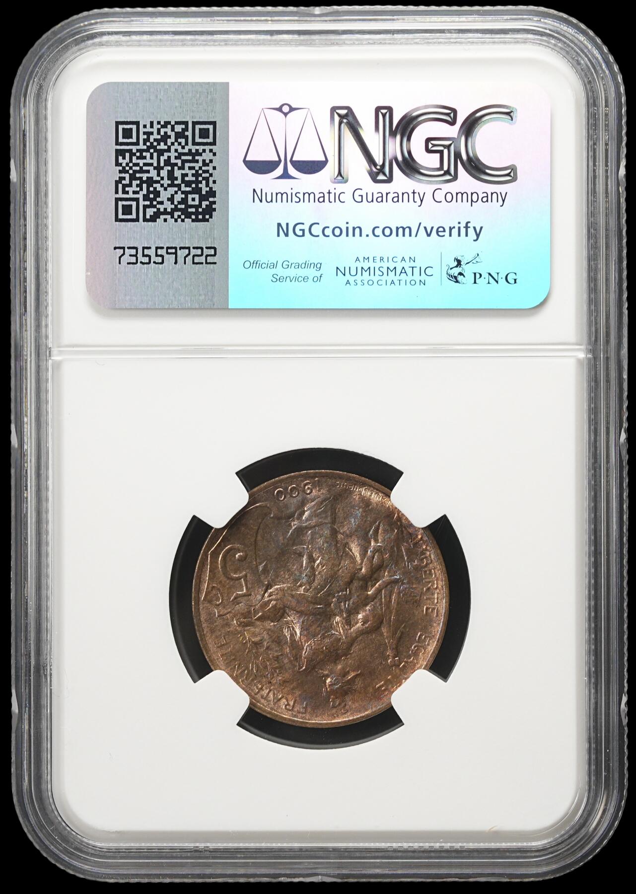 修遠堂世界钱币第四十二期 全场包邮 NGC MS64RB 1900年法国5分铜币