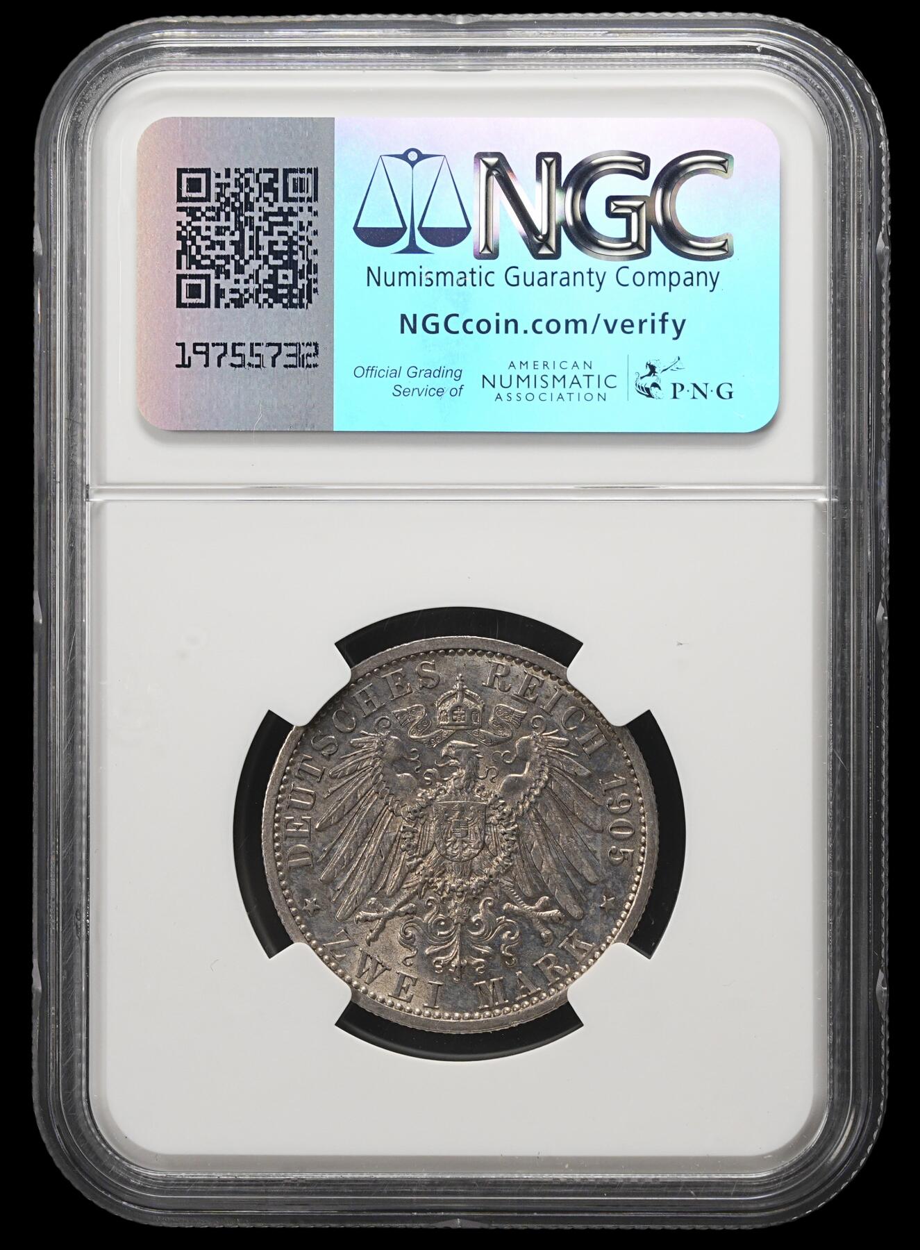 修遠堂世界钱币第四十二期 全场包邮 NGC MS62 1905年施瓦茨堡-鲁多尔施塔特大公执政25周年纪念2马克银币 少见德意志小邦国币，仅仅铸造1.3万枚