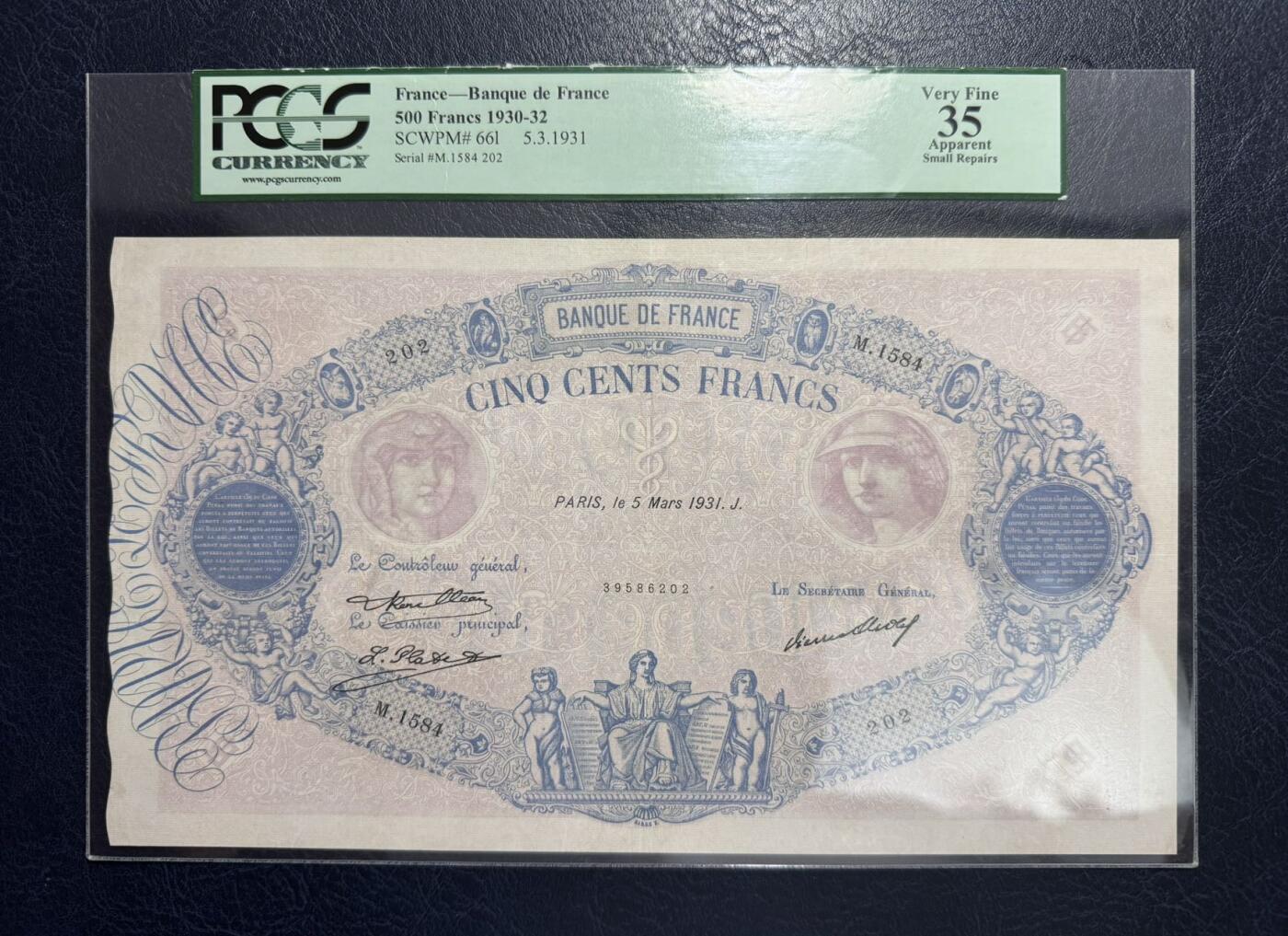 收藏联盟Quantum Auction 第381期拍卖  法国1931年500法郎 PCGS35 有针孔 大票幅