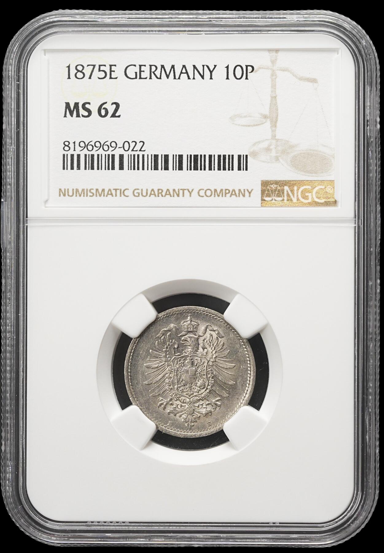 修遠堂世界钱币第四十二期 全场包邮 NGC MS62 1875年德国10芬尼 短翅鹰 E厂铭