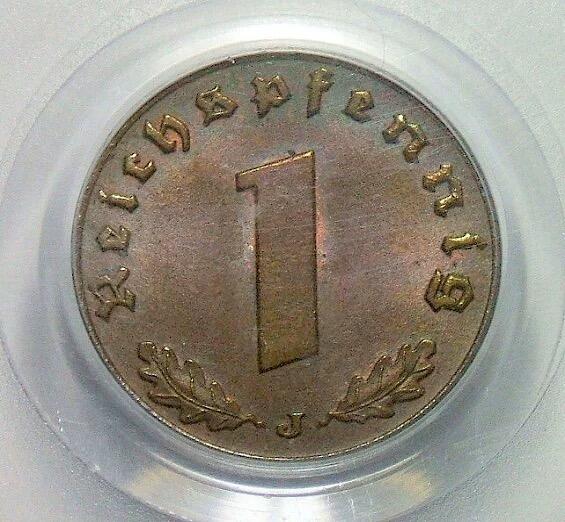 稀年 PCGS MS65 德国第三帝国1936年J版1芬尼 难得开卷原光