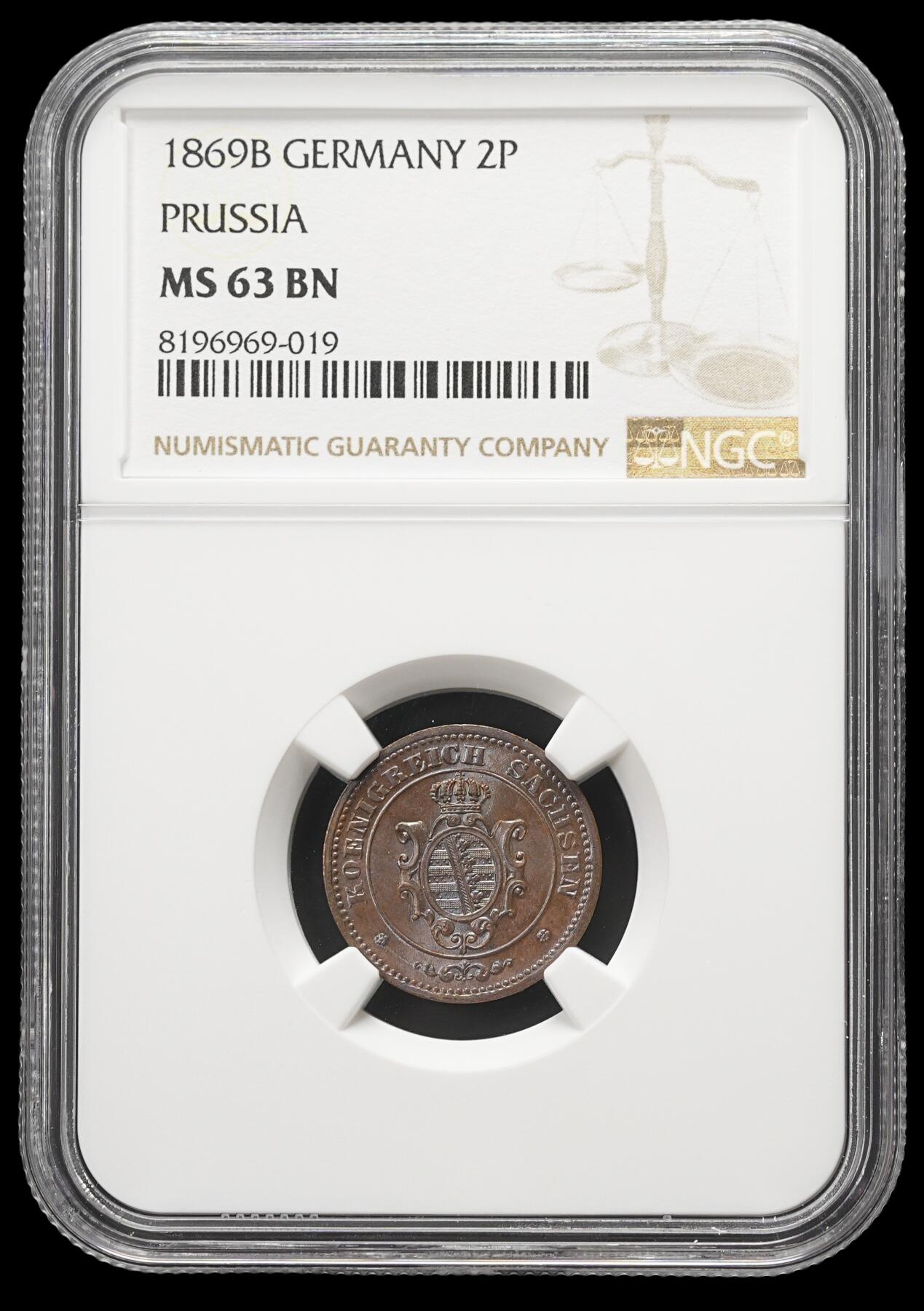 修遠堂世界钱币第四十二期 全场包邮 NGC MS63BN 1869年萨克森2芬尼铜币 盒子错标普鲁士