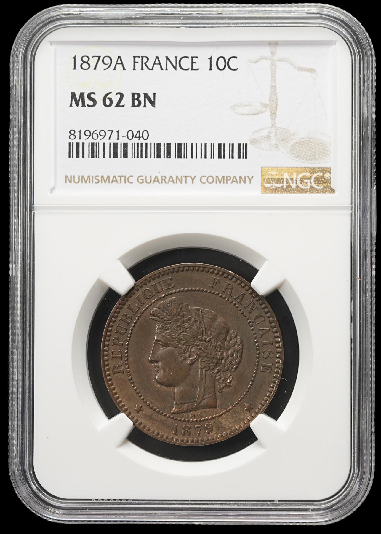 修遠堂世界钱币第四十二期 全场包邮 NGC MS62BN 1879年法国谷物女神10分铜币 A厂铭 较少见的年份