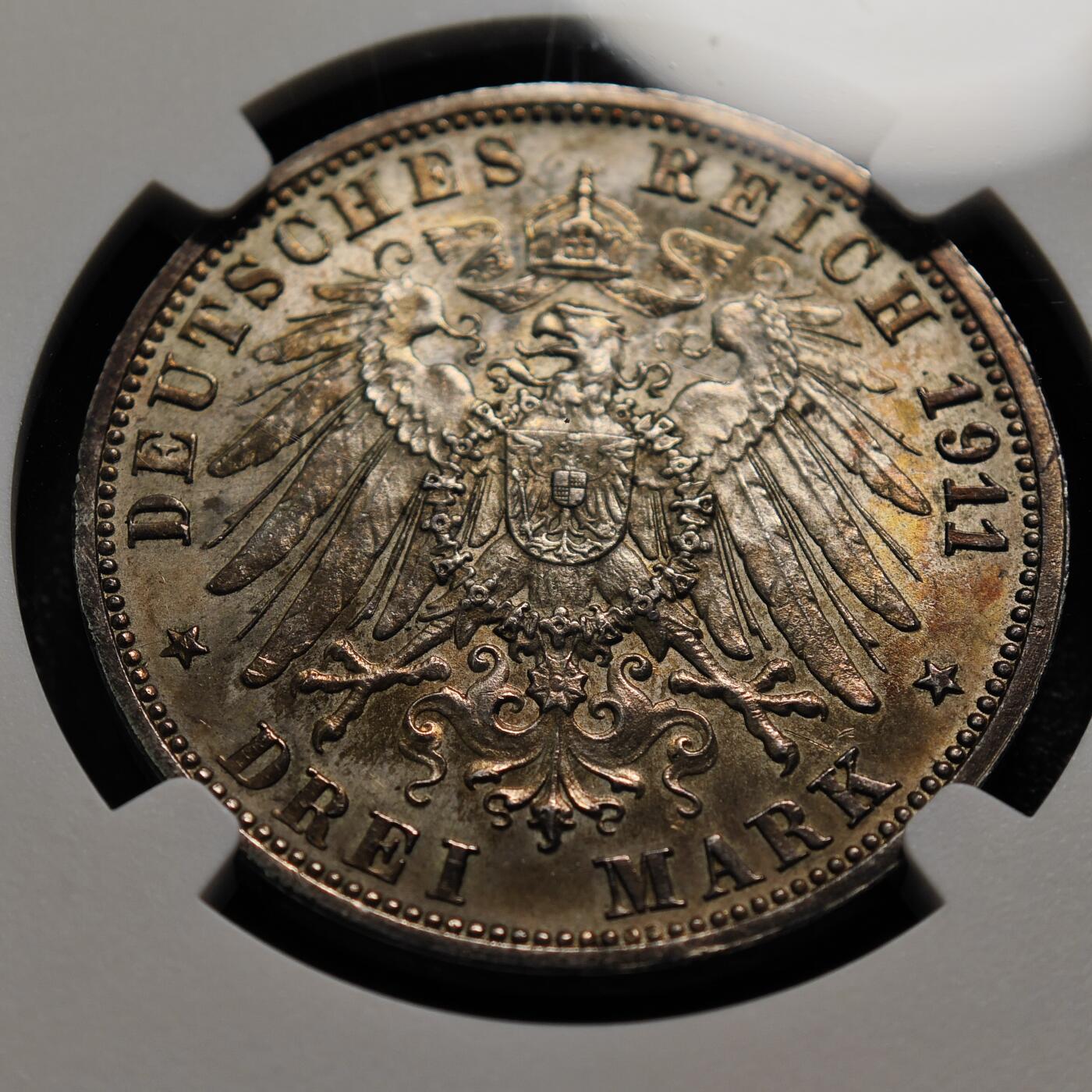 1911年 德国符腾堡银婚3马克银币 High bar版本 老彩包浆 NGC MS63