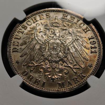 1911年 德国符腾堡银婚3马克银币 High bar版本 老彩包浆 NGC MS63