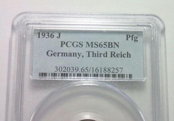 稀年 PCGS MS65 德国第三帝国1936年J版1芬尼 难得开卷原光